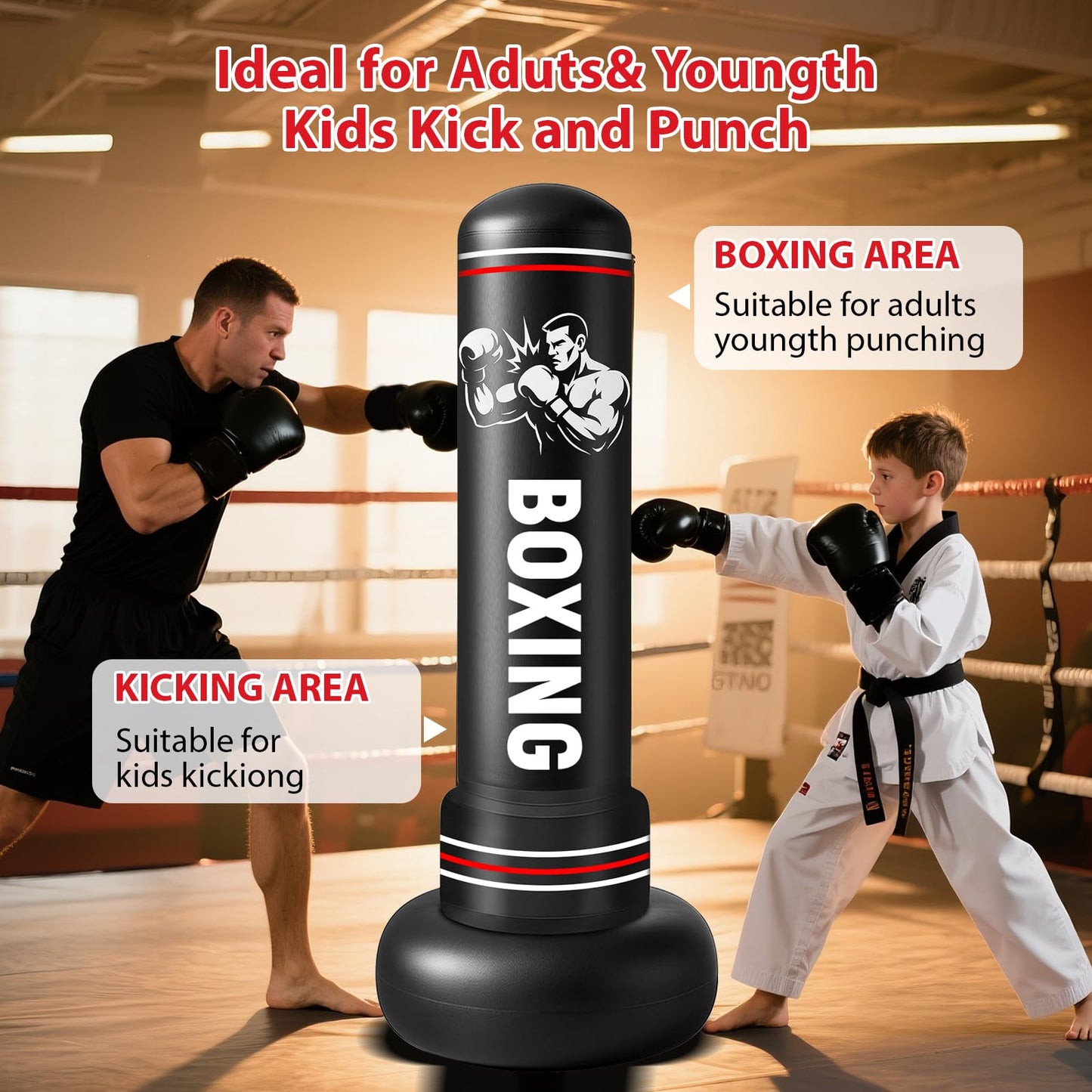 Qoosea Sacco da Boxe per Adulti, 190 cm Stabile Pungiball Adulti Gonfiabile con Guantoni da Boxe, Sacchi da Boxe Gonfiabile per Pratica di Taekwondo Muay Thai Karate MMA Fitness