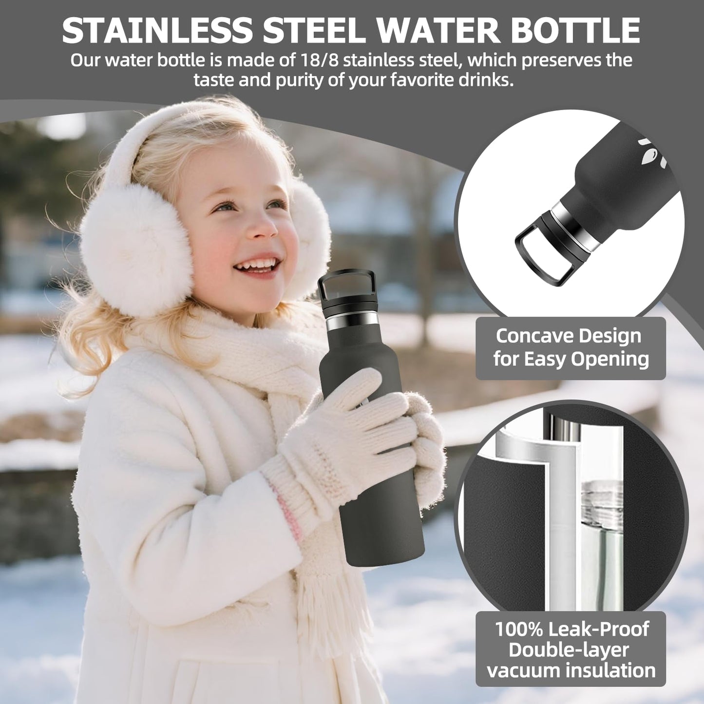 Motswedi Borraccia Termica, 500 ml Senza BPA, Borracce Bambini, Bottiglia Acqua Con Cannuccia e 2 Coperchi, Borraccia Acciaio, 18/8 Acciaio Inossidabile, Borracce per Scuola, Pilates - Nero