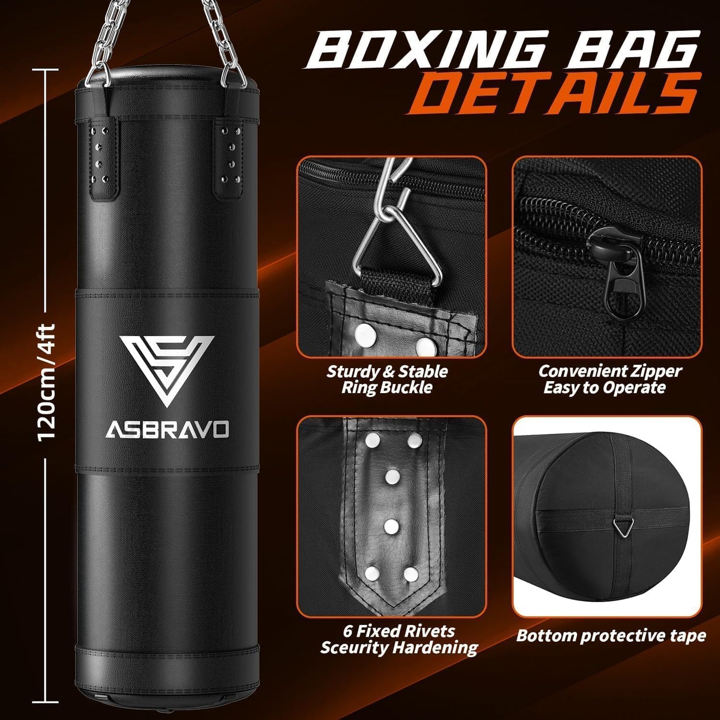 ASBRAVO Sacco da Boxe per Adulti Set Completo, 120cm Sacco da Punching Pesante con Guantoni da 12 oz, Bende per Mani 5m, per MMA Karate Taekwondo Boxe Allenamento Casa Palestra - Da Riempire