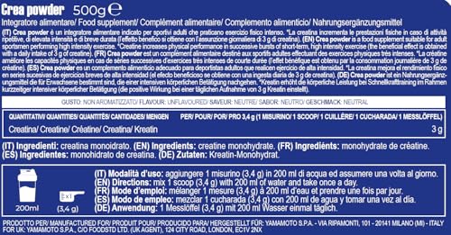 YAMAMOTO NUTRITION, CreaPOWDER 500 gr, Integratore Alimentare di Creatina Monoidrato in Polvere, Integratore per Sportivi Aumenta le Prestazioni Fisiche, Gusto Neutro