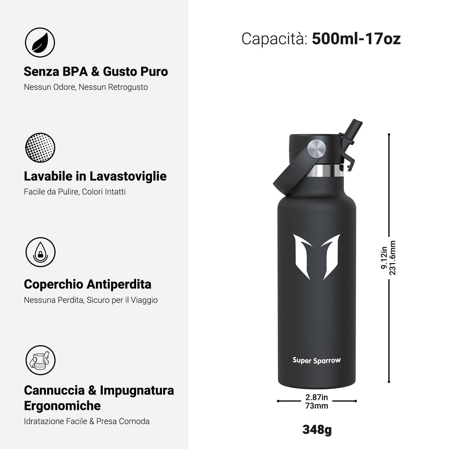 Super Sparrow Borraccia Termica, Acciaio Inox Bottiglia Termica - 500ml - Senza BPA Borracce, Borraccia Bambini per Scuola, Sport, Campeggio, Yoga, Palestra, Ciclismo