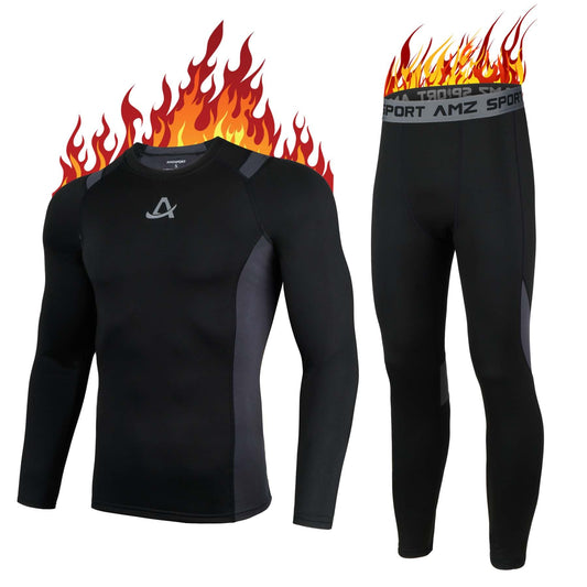 AMZSPORT Set Intimo Termico Uomo, Ideale per Sci e Ciclismo, Asciugatura Rapida e Compressione, Base Layer di Biancheria Intima per Palestra e attività Outdoor, Nero XL
