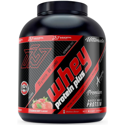 Proteine in Polvere Whey Protein Plus Immortal Nutrition, per la Crescita ed il Mantenimento della Massa Muscolare (2000 g, Fragola).