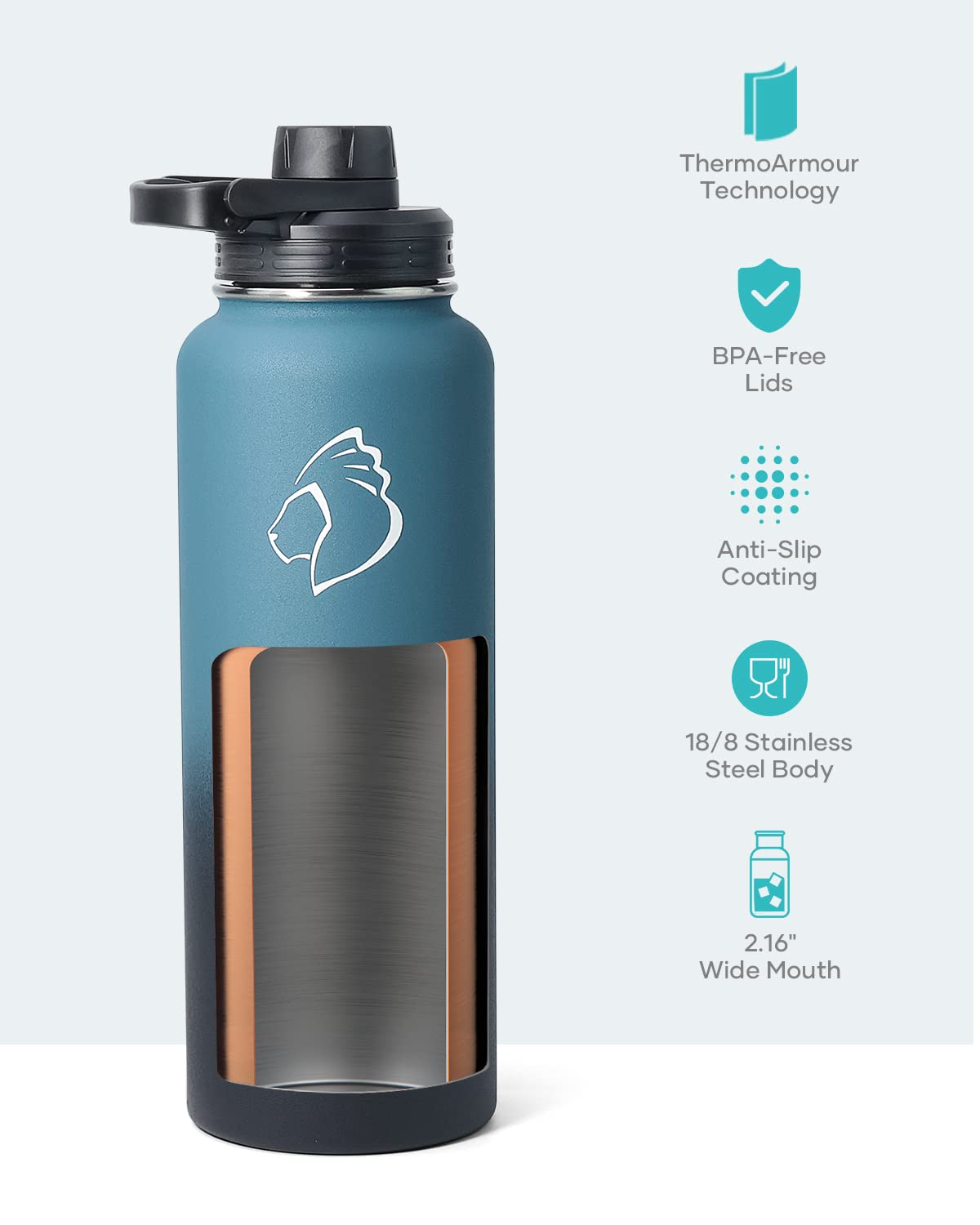 BUZIO 1180ml Bottiglia isolata in acciaio inossidabile Bottiglia sportiva impermeabile BPA Free isolata sottovuoto a doppia parete in acciaio inossidabile, Nero Indaco