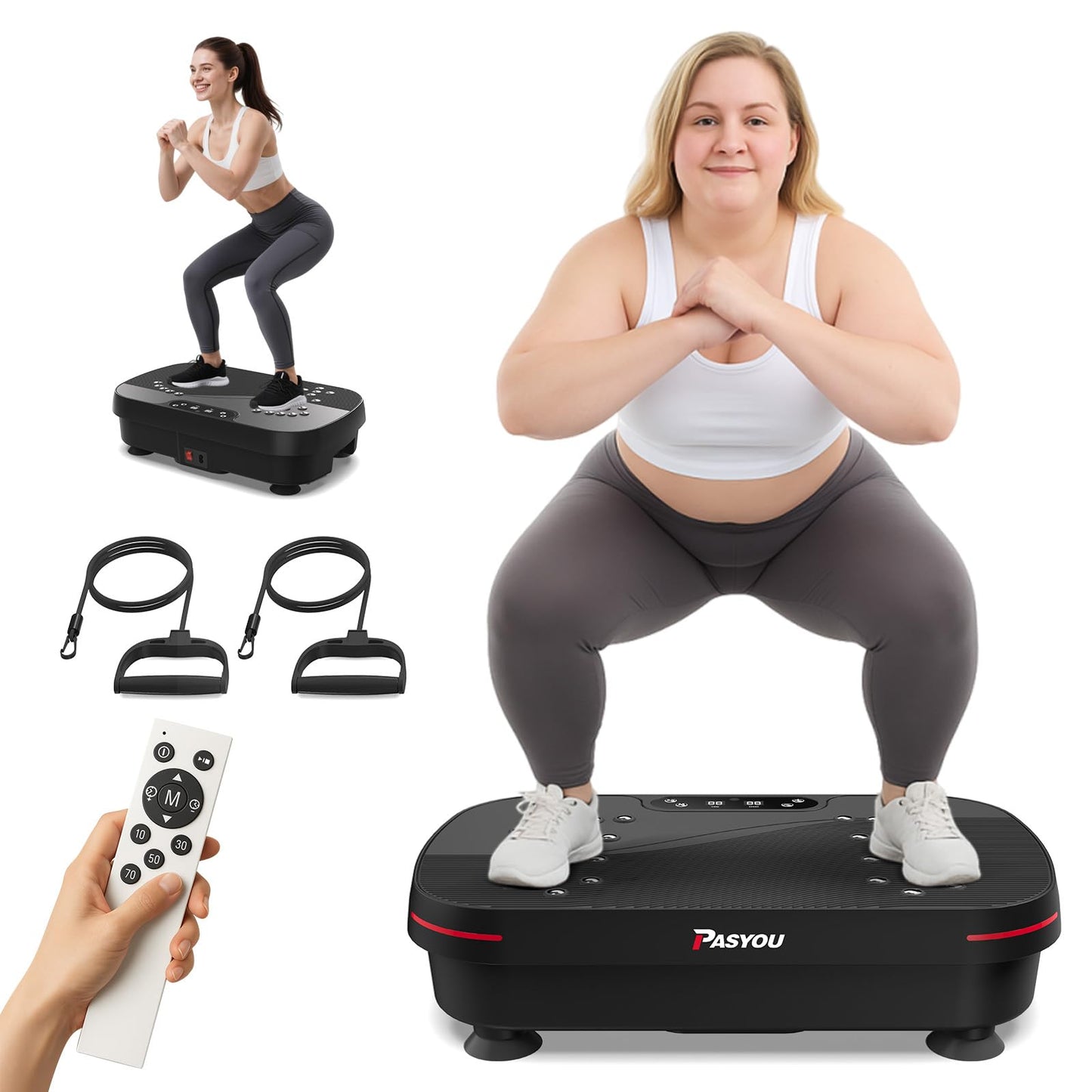 PASYOU Vibrationsplatte, Vibration Plate Leise und Kompakte für Abnehmen, Ganzkörpertraining, Muskelaufbau, Rüttelplatte Sport für Zuhause 99 Intensitätsstufen mit Widerstandsbändern