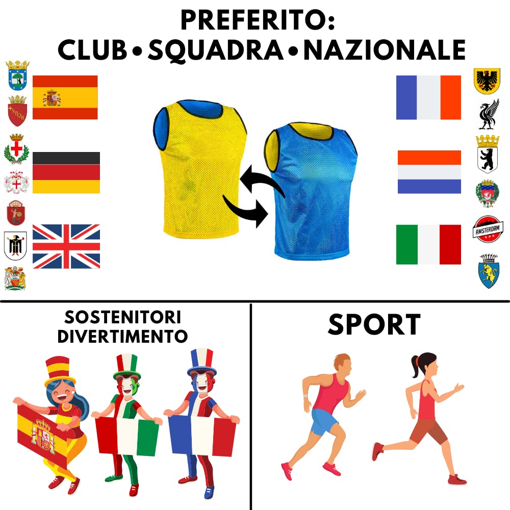 SPORTSBIBS 6X Pettorina bilaterale Double Face Riutilizzabile da Allanamento Bavaglini da Calcio, Basket - Set di 6 Pezzi - Reversible Calcetto Esegui Sport T-Shirt Unisex S M L XL