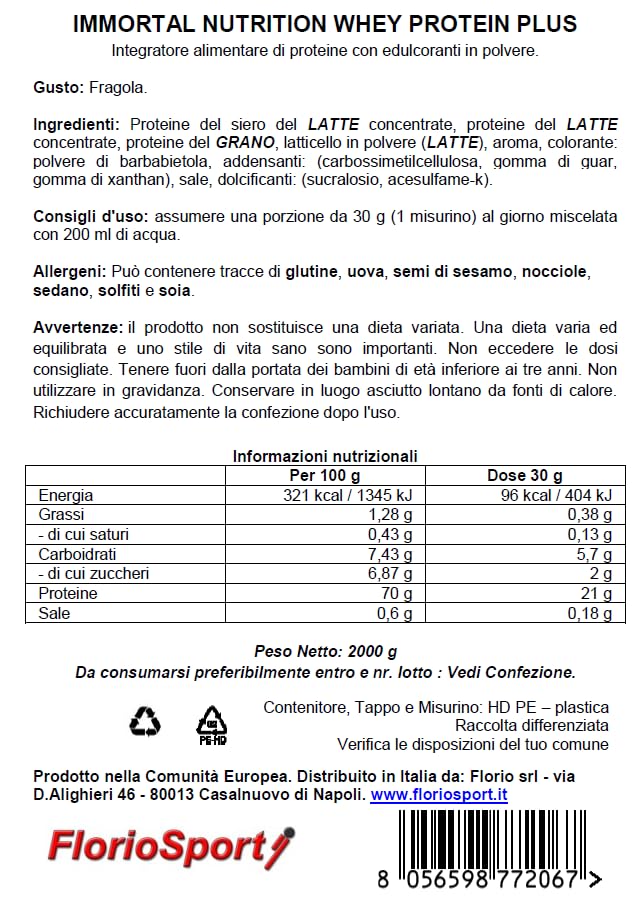Proteine in Polvere Whey Protein Plus Immortal Nutrition, per la Crescita ed il Mantenimento della Massa Muscolare (2000 g, Fragola).