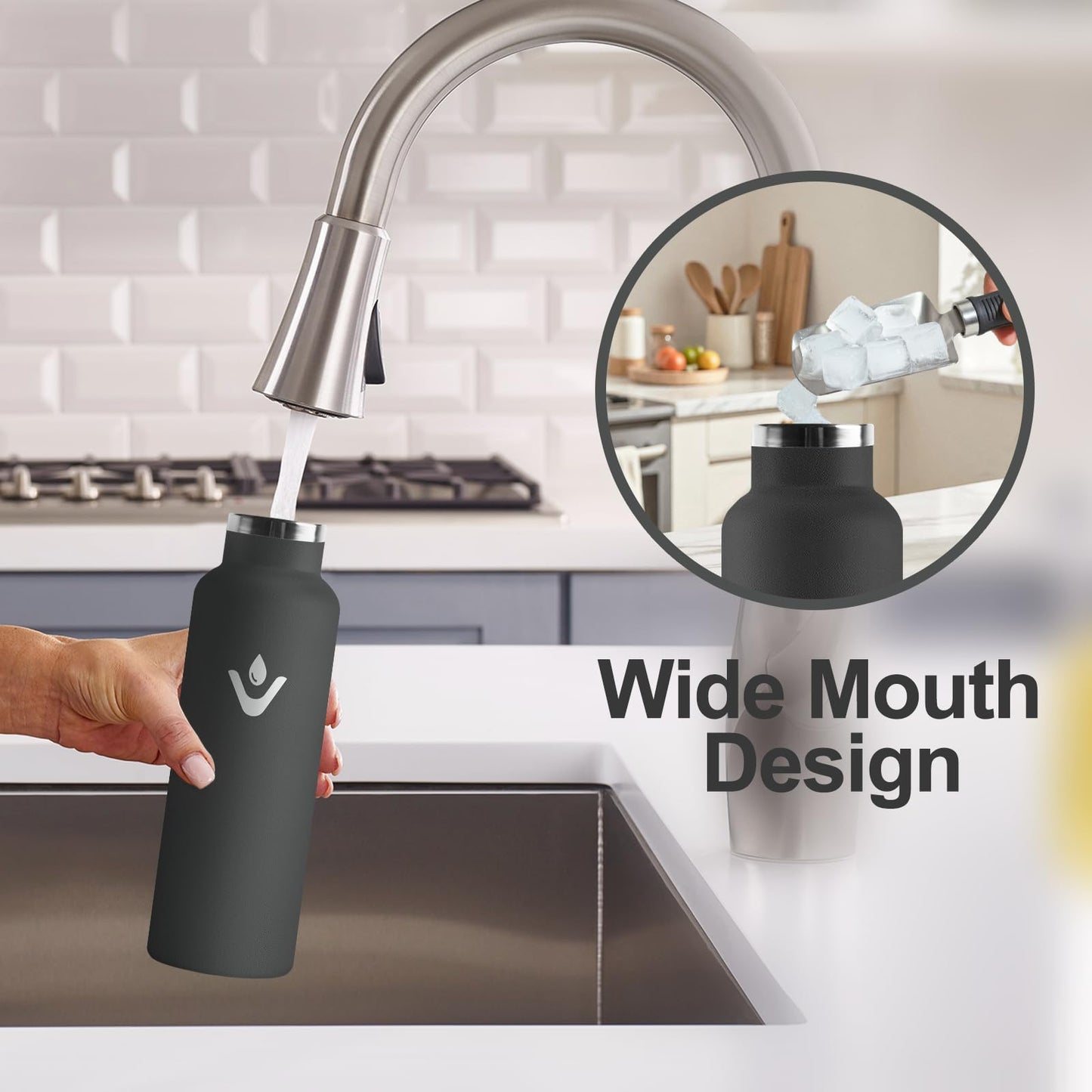 Motswedi Borraccia Termica, 500 ml Senza BPA, Borracce Bambini, Bottiglia Acqua Con Cannuccia e 2 Coperchi, Borraccia Acciaio, 18/8 Acciaio Inossidabile, Borracce per Scuola, Pilates - Nero