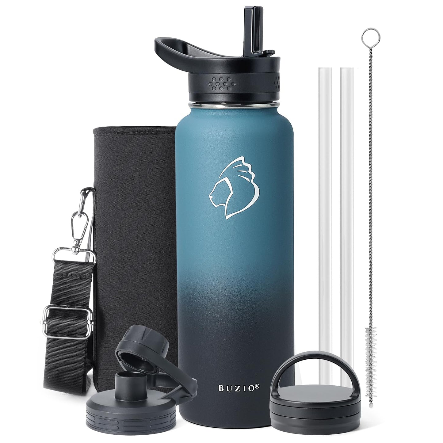BUZIO 1180ml Bottiglia isolata in acciaio inossidabile Bottiglia sportiva impermeabile BPA Free isolata sottovuoto a doppia parete in acciaio inossidabile, Nero Indaco