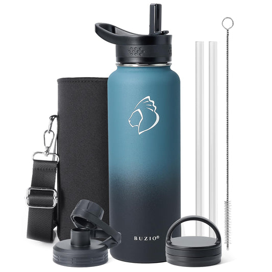 BUZIO 1180ml Bottiglia isolata in acciaio inossidabile Bottiglia sportiva impermeabile BPA Free isolata sottovuoto a doppia parete in acciaio inossidabile, Nero Indaco