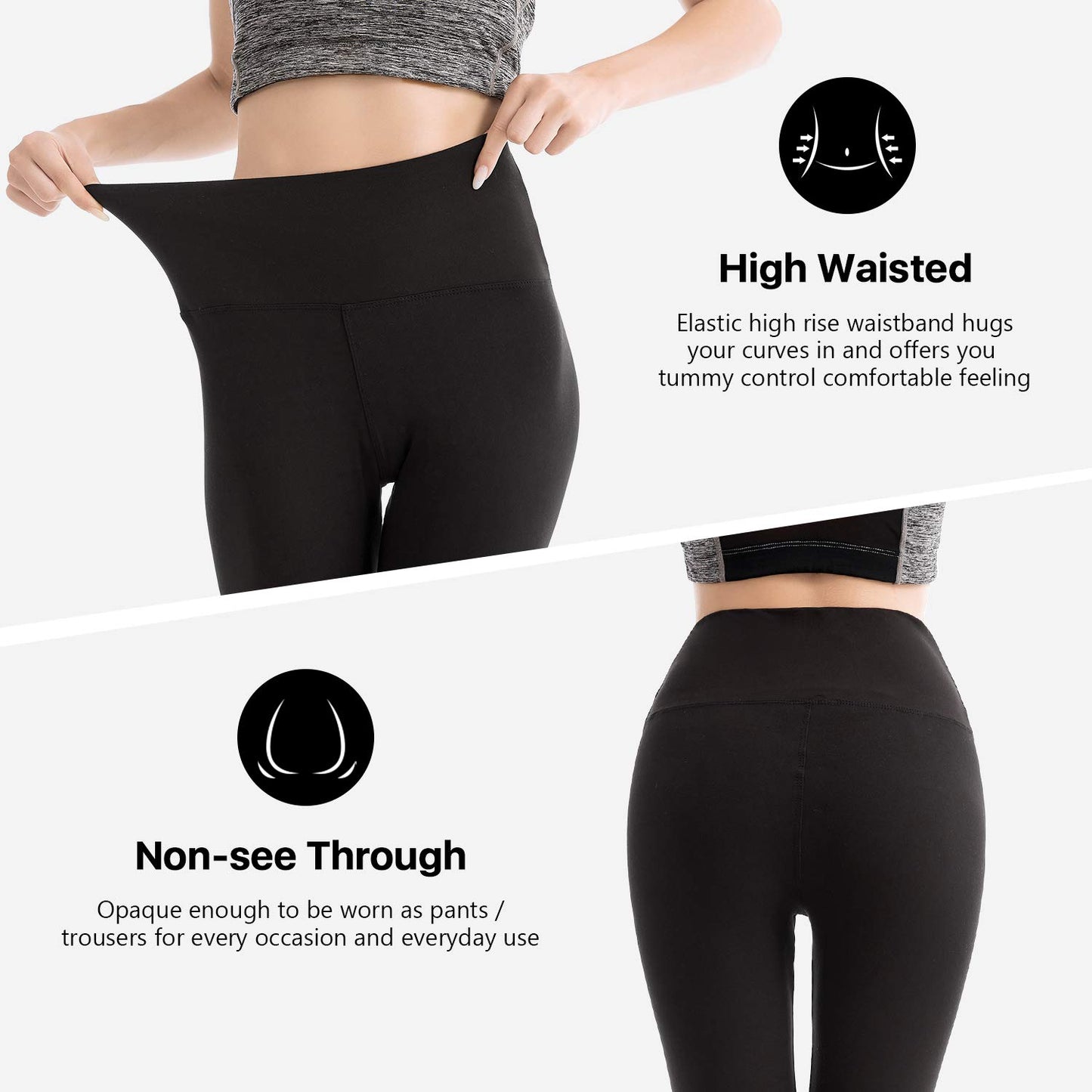 SINOPHANT 2 Confezione Leggins Sportivi Donna a Vita Alta, Pantaloni Yoga Controllo della Pancia Opaco Elastici Leggings,L-XL,Nero/Nero