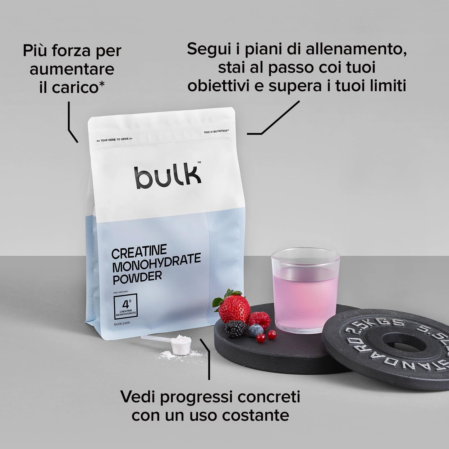 Bulk Creatina Monoidrato Polvere 500 g | 147 porzioni | Creatina micronizzata pura | Frutti di bosco | Vegano e Halal | Ideale per fitness, allenamento e palestra | Si scioglie facilmente