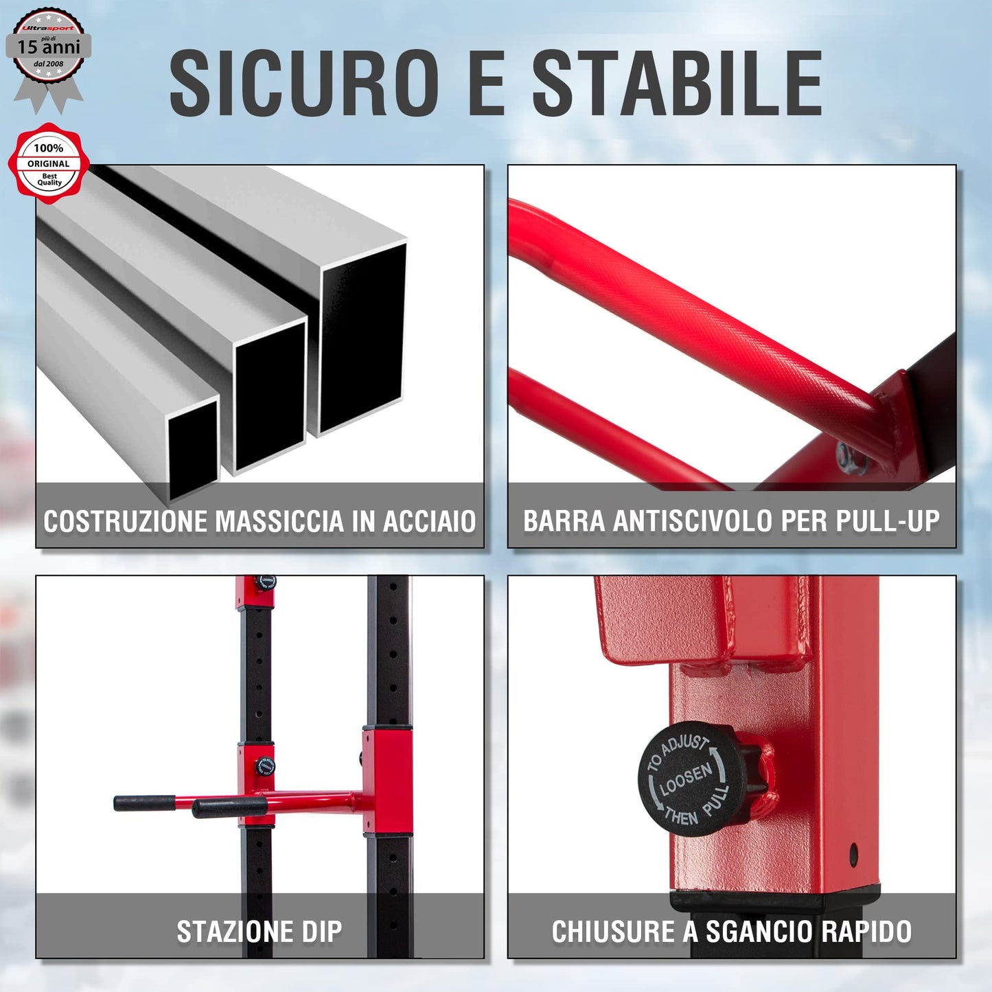 Ultrasport Power Rack, Scaffale fitness, Scaffale multifunzione per efficace allena completo corpo, costruzione acciai, perfetto per principianti e professionist, torre fitness, Nero/Rosso