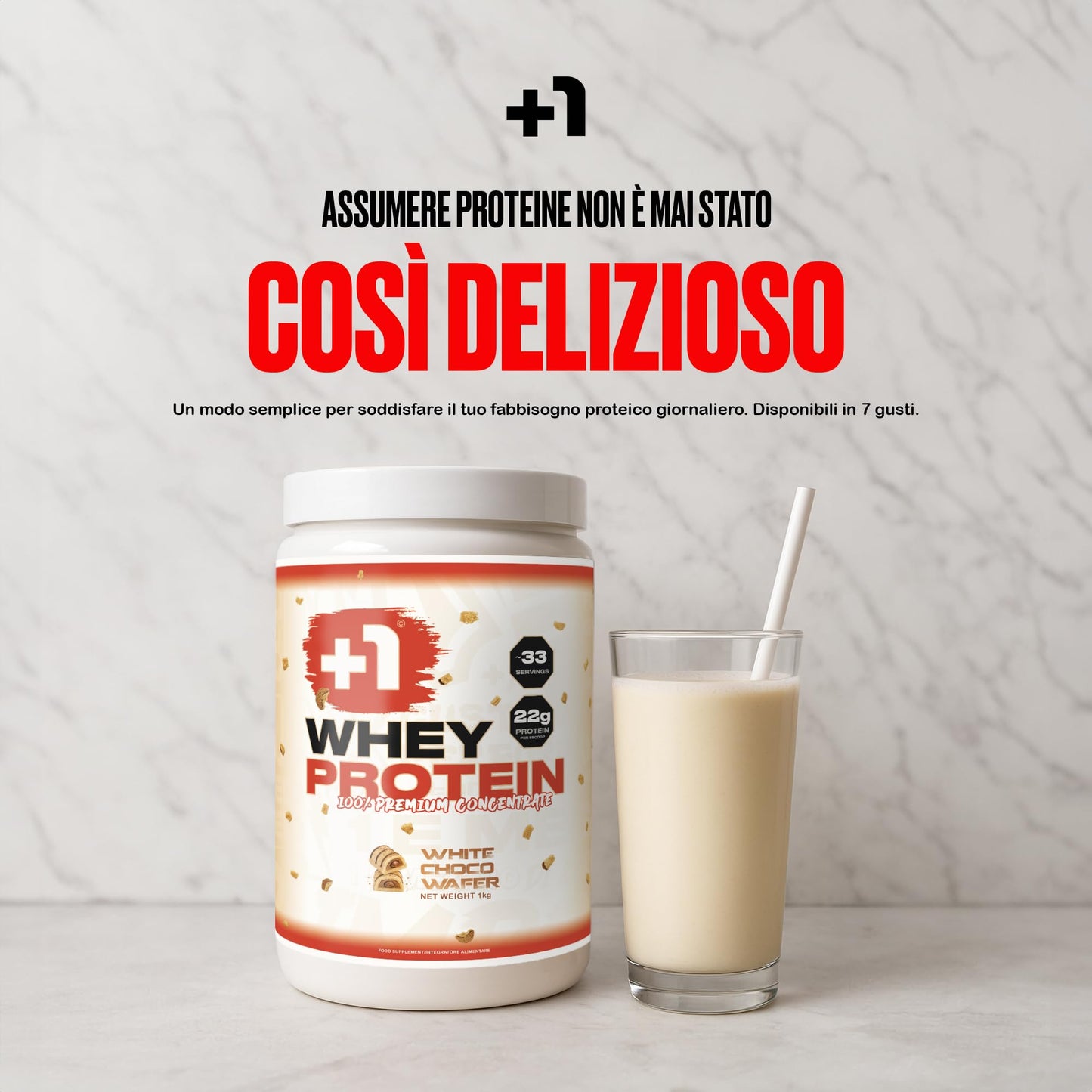 +1® Premium Protein Powder - Tasty, Creamy and Digestible - Muscle Growth and Recovery - Complete Amino Acid Profile - 100% Whey Concentrate - 1 kg, 33 Servings - Galactic White Choco