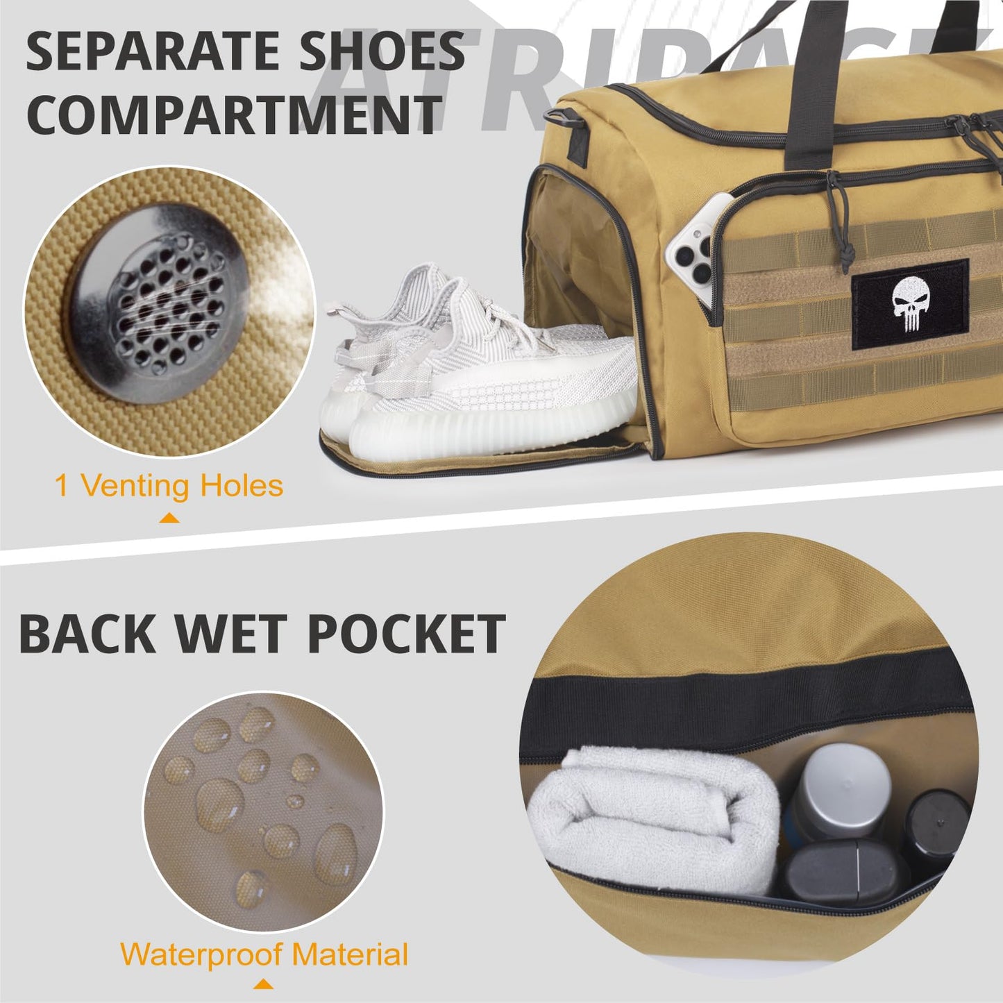 Borsa da palestra tattica da 40L per uomo, con scomparto scarpe e tasca impermeabile. Perfetta per sport, viaggi, campeggio ed escursioni.