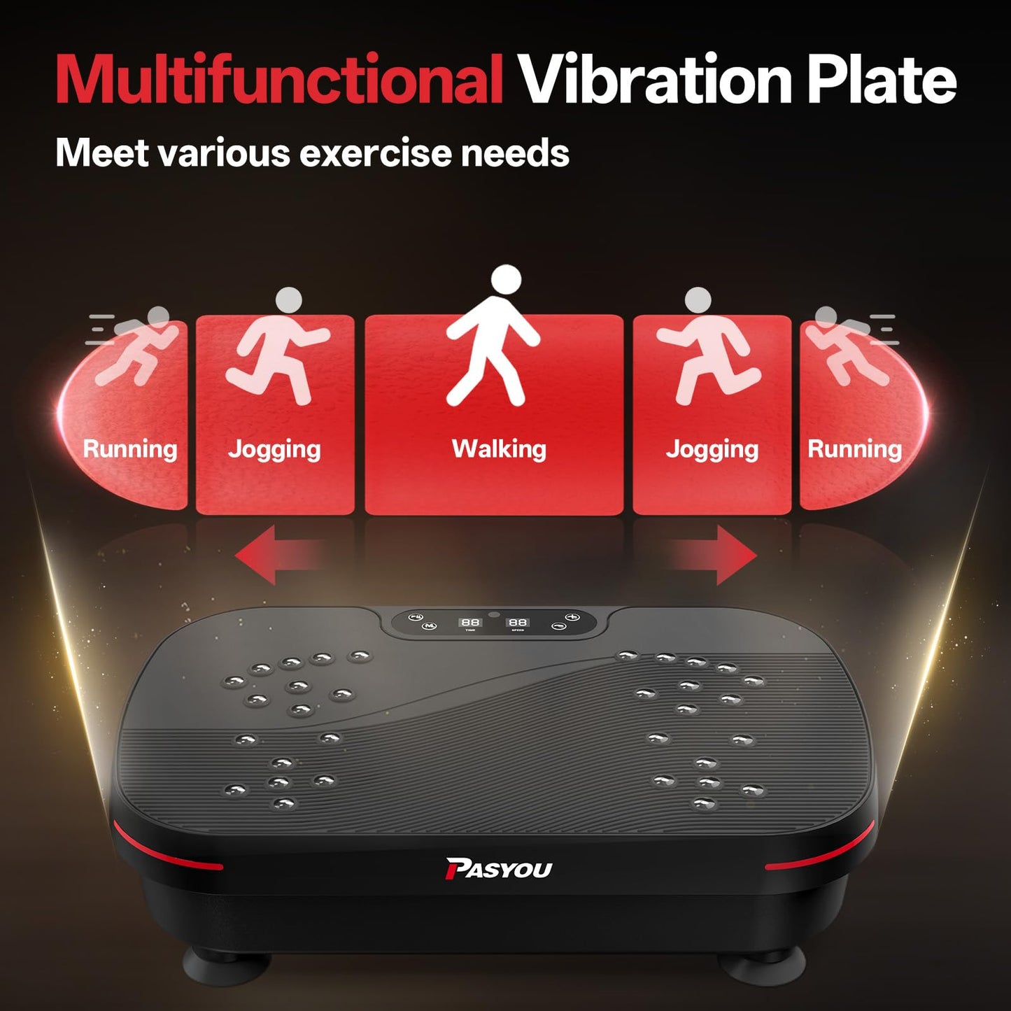 PASYOU Vibrationsplatte, Vibration Plate Leise und Kompakte für Abnehmen, Ganzkörpertraining, Muskelaufbau, Rüttelplatte Sport für Zuhause 99 Intensitätsstufen mit Widerstandsbändern