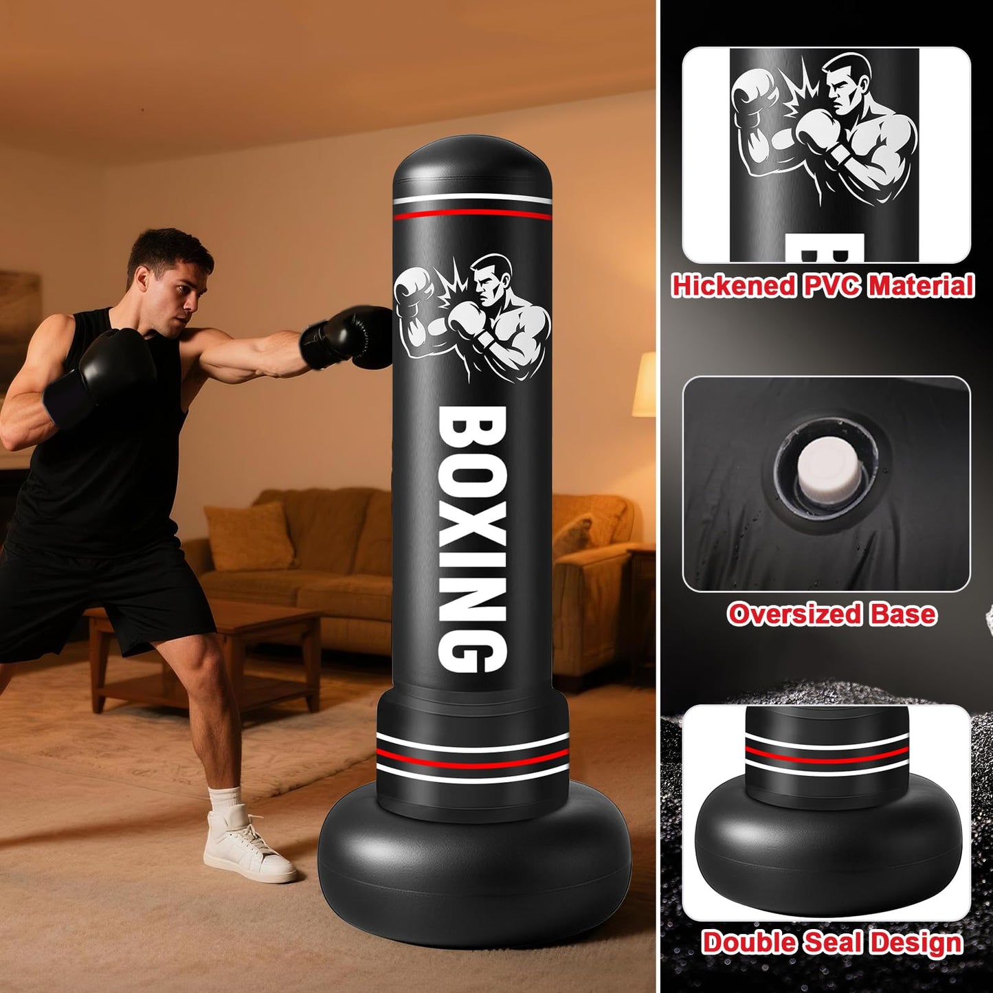 Qoosea Sacco da Boxe per Adulti, 190 cm Stabile Pungiball Adulti Gonfiabile con Guantoni da Boxe, Sacchi da Boxe Gonfiabile per Pratica di Taekwondo Muay Thai Karate MMA Fitness