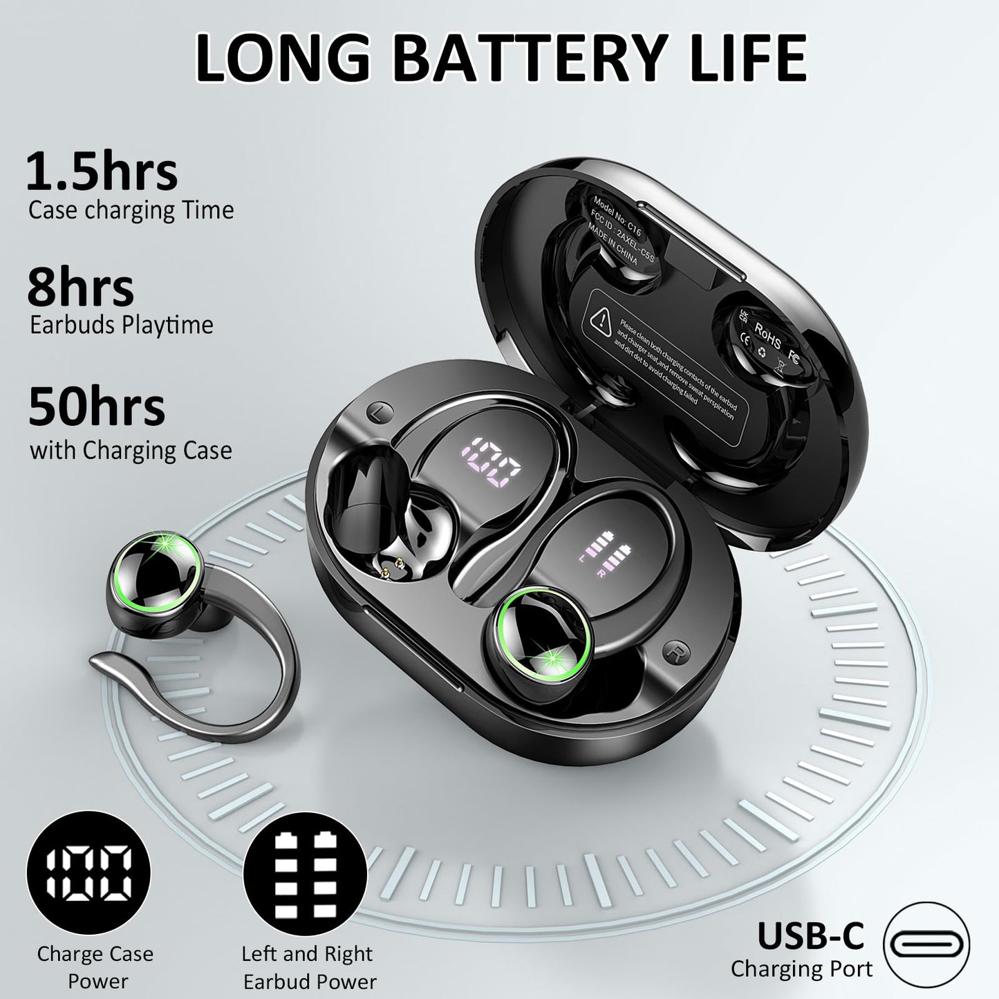 Cuffie Bluetooth 5.4 Sport, 2026 Auricolari Bluetooth con 6D Bass Stereo, 50 Ore Cuffie In Ear Cancellazione Rumore ENC e 4 HD Mics, HiFi Cuffiette LED Display, IP7 Impermeabile Cuffie Senza Fili