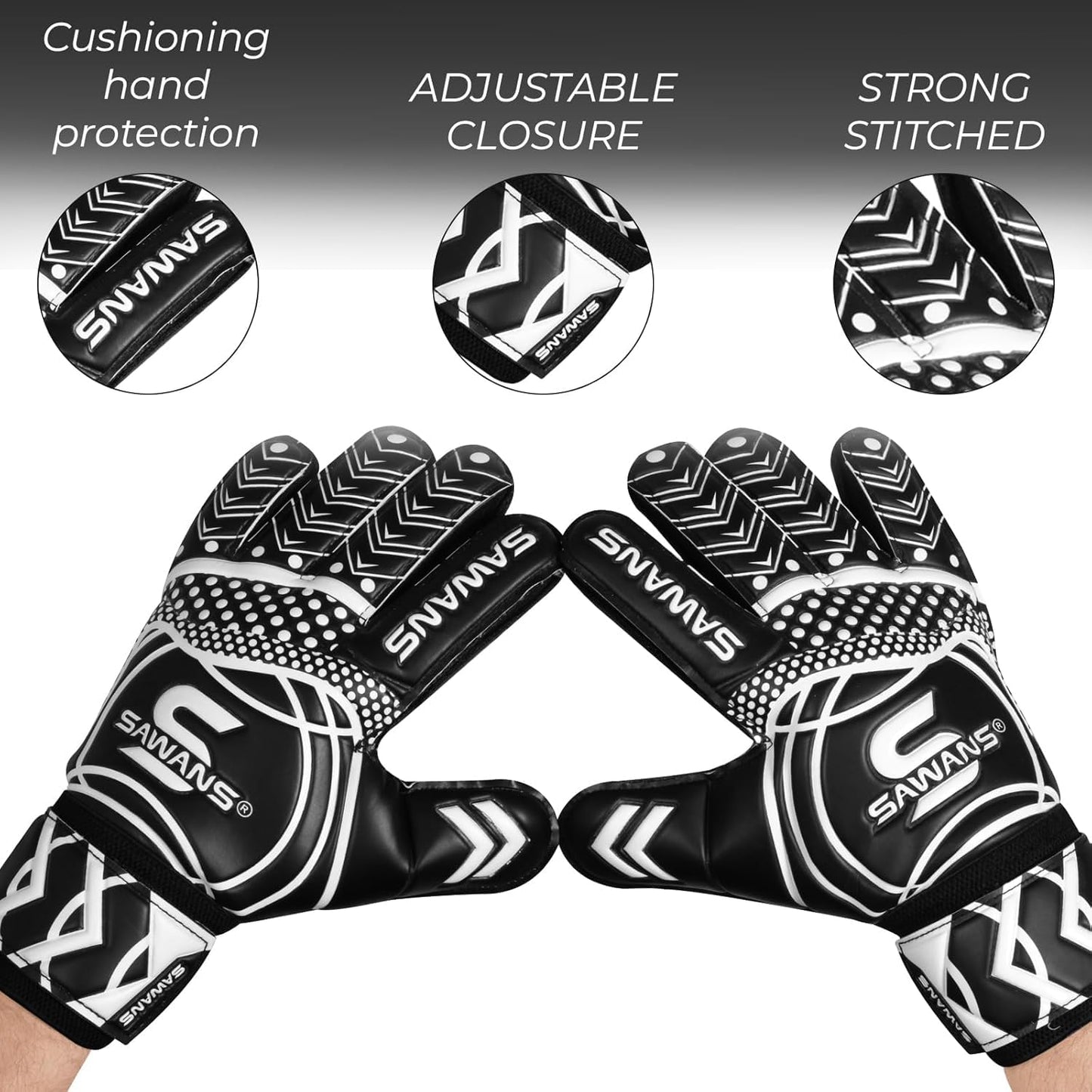 SAWANS Guanti da Portiere Attrezzatura da Allenamento per Calcio per Bambini Ragazzi Giovani Adulti Uomini Guanti da Portiere Grip Protezione del Palmo Doppio Strato Traspirante Portiere (Nero, 10)