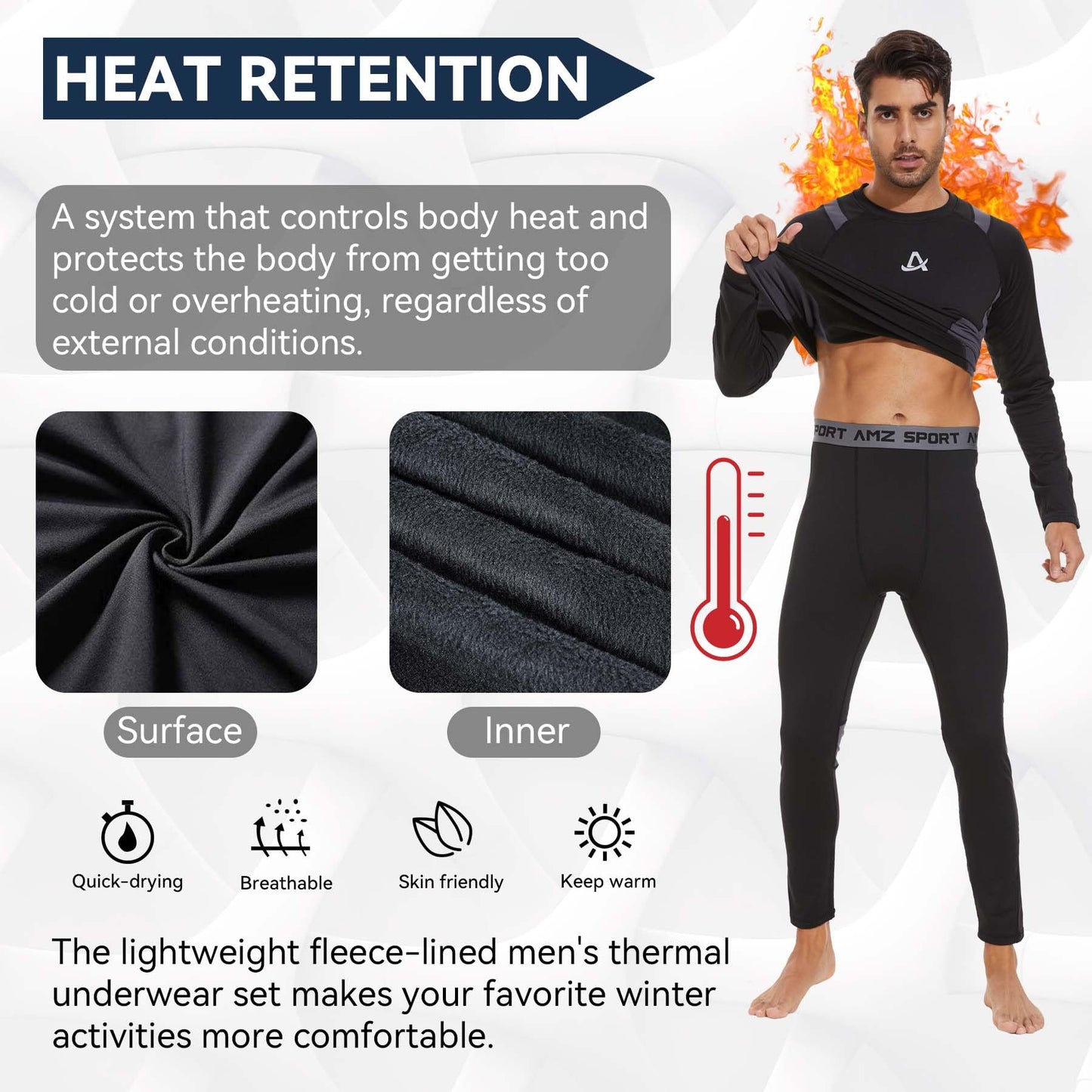 AMZSPORT Set Intimo Termico Uomo, Ideale per Sci e Ciclismo, Asciugatura Rapida e Compressione, Base Layer di Biancheria Intima per Palestra e attività Outdoor, Nero XL