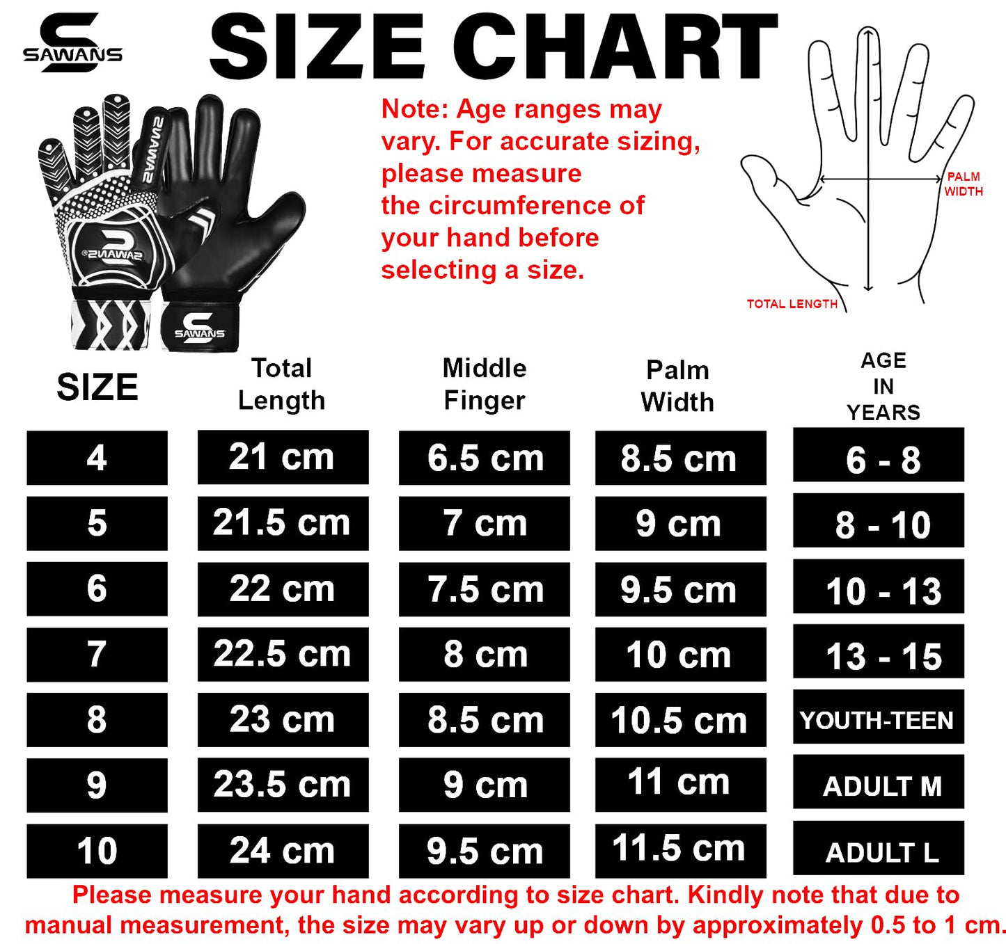 SAWANS Guanti da Portiere Attrezzatura da Allenamento per Calcio per Bambini Ragazzi Giovani Adulti Uomini Guanti da Portiere Grip Protezione del Palmo Doppio Strato Traspirante Portiere (Nero, 10)