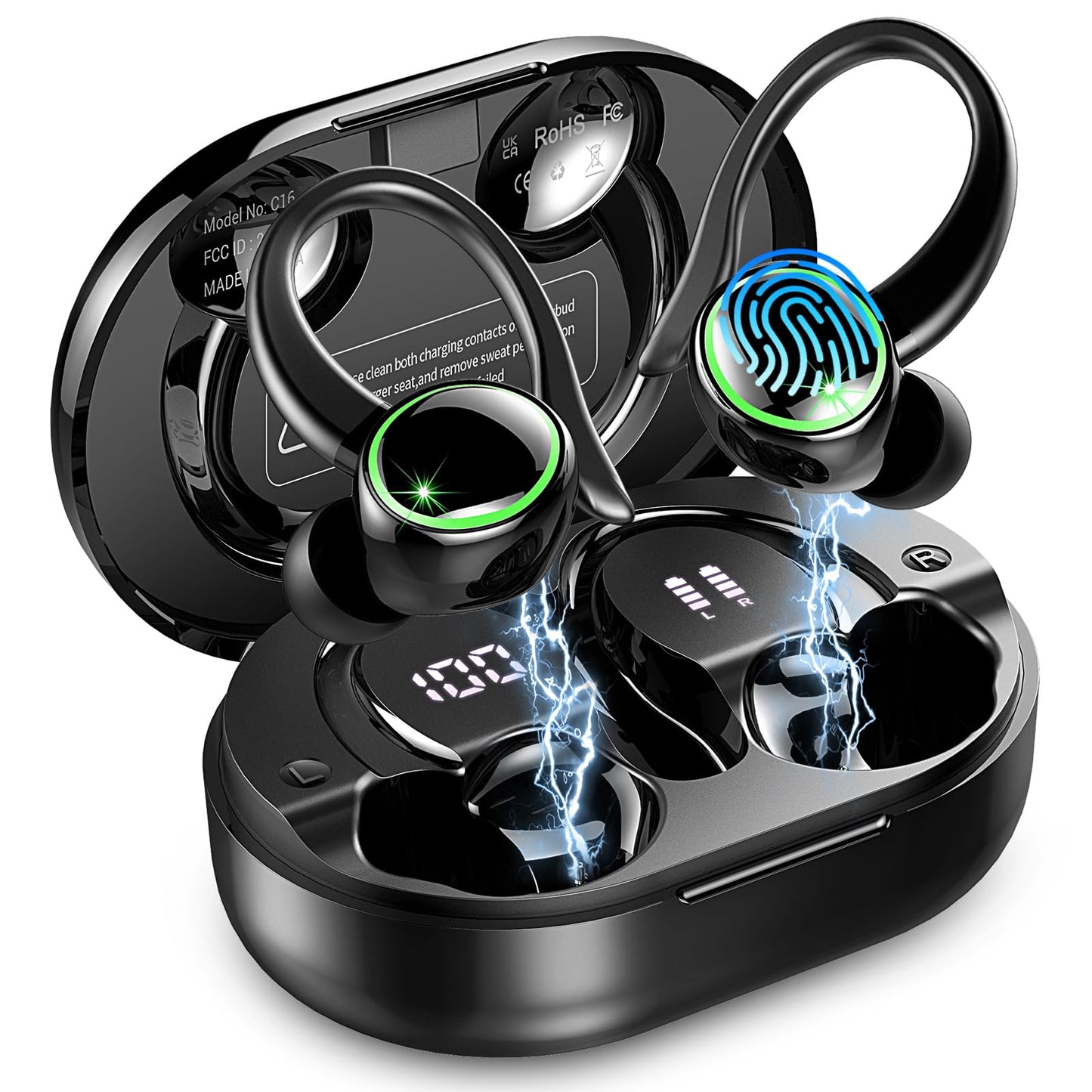 Cuffie Bluetooth 5.4 Sport, 2026 Auricolari Bluetooth con 6D Bass Stereo, 50 Ore Cuffie In Ear Cancellazione Rumore ENC e 4 HD Mics, HiFi Cuffiette LED Display, IP7 Impermeabile Cuffie Senza Fili