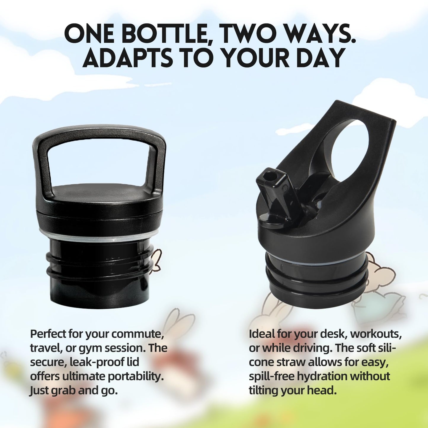 Motswedi Borraccia Termica, 500 ml Senza BPA, Borracce Bambini, Bottiglia Acqua Con Cannuccia e 2 Coperchi, Borraccia Acciaio, 18/8 Acciaio Inossidabile, Borracce per Scuola, Pilates - Nero