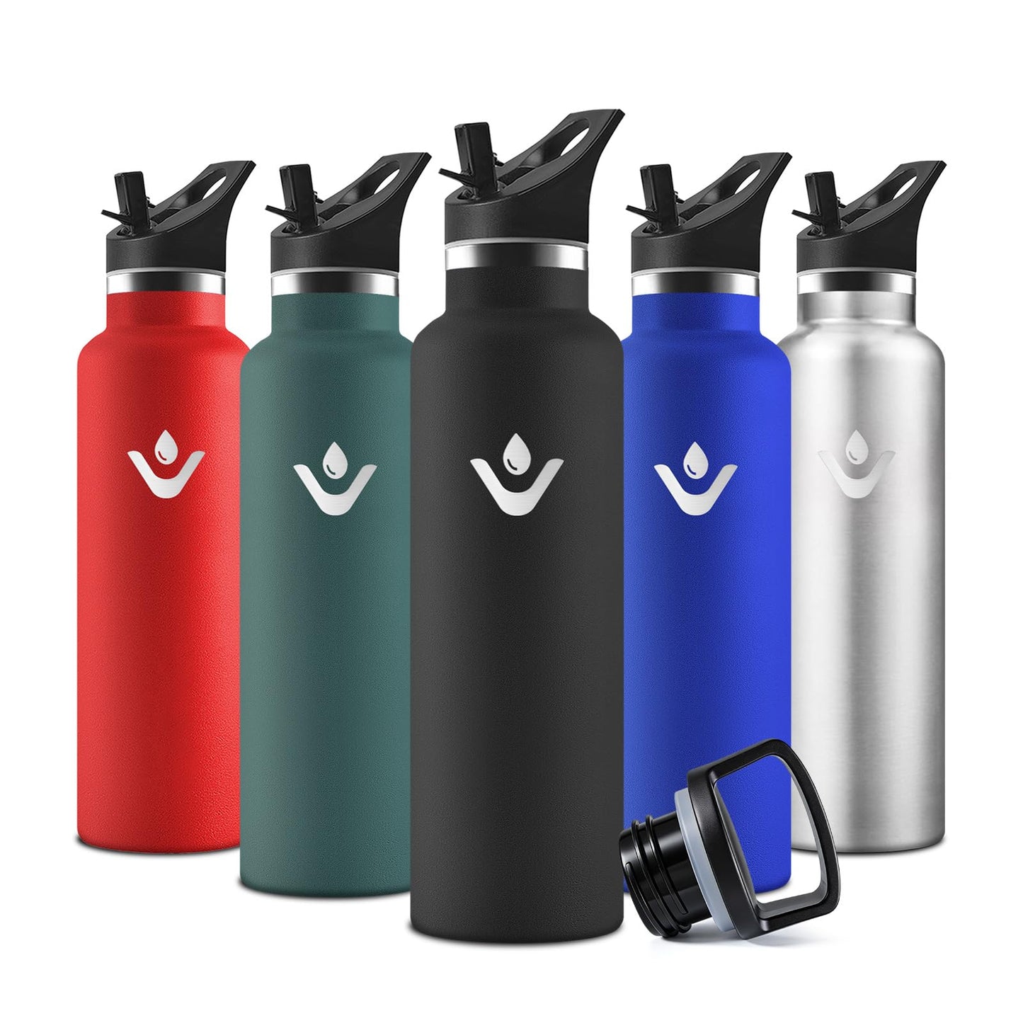 Motswedi Borraccia Termica, 500 ml Senza BPA, Borracce Bambini, Bottiglia Acqua Con Cannuccia e 2 Coperchi, Borraccia Acciaio, 18/8 Acciaio Inossidabile, Borracce per Scuola, Pilates - Nero
