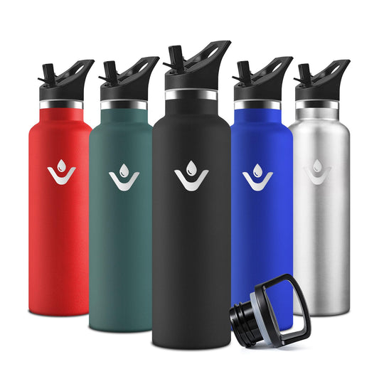 Motswedi Borraccia Termica, 500 ml Senza BPA, Borracce Bambini, Bottiglia Acqua Con Cannuccia e 2 Coperchi, Borraccia Acciaio, 18/8 Acciaio Inossidabile, Borracce per Scuola, Pilates - Nero