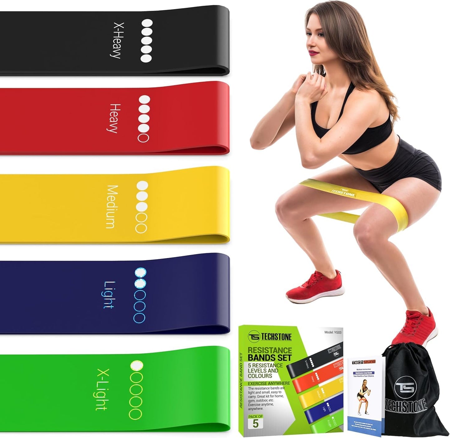 TechStone Set di fasce di resistenza per uomini e donne, pacchetto di 5 diversi livelli di resistenza Banda elastica per l'allenamento Allenamento sportivo Attrezzature per il fitness per allenamento