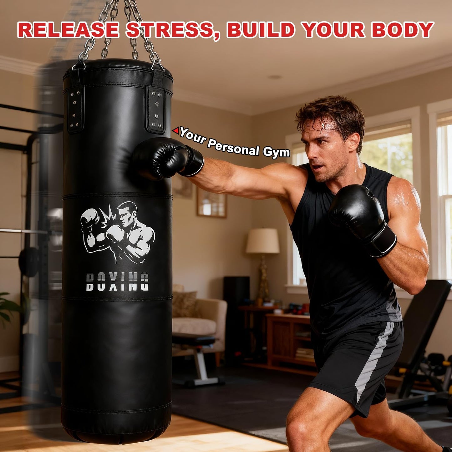 Qoosea Sacco da Boxe per Adulti, 1.2m Appendere Sacchi da Boxe da Muro con Guanti e Catena, Stabile Pungiball Sacco Box Set per Pratica di Taekwondo Karate MMA Fitness (Non Riempiti)