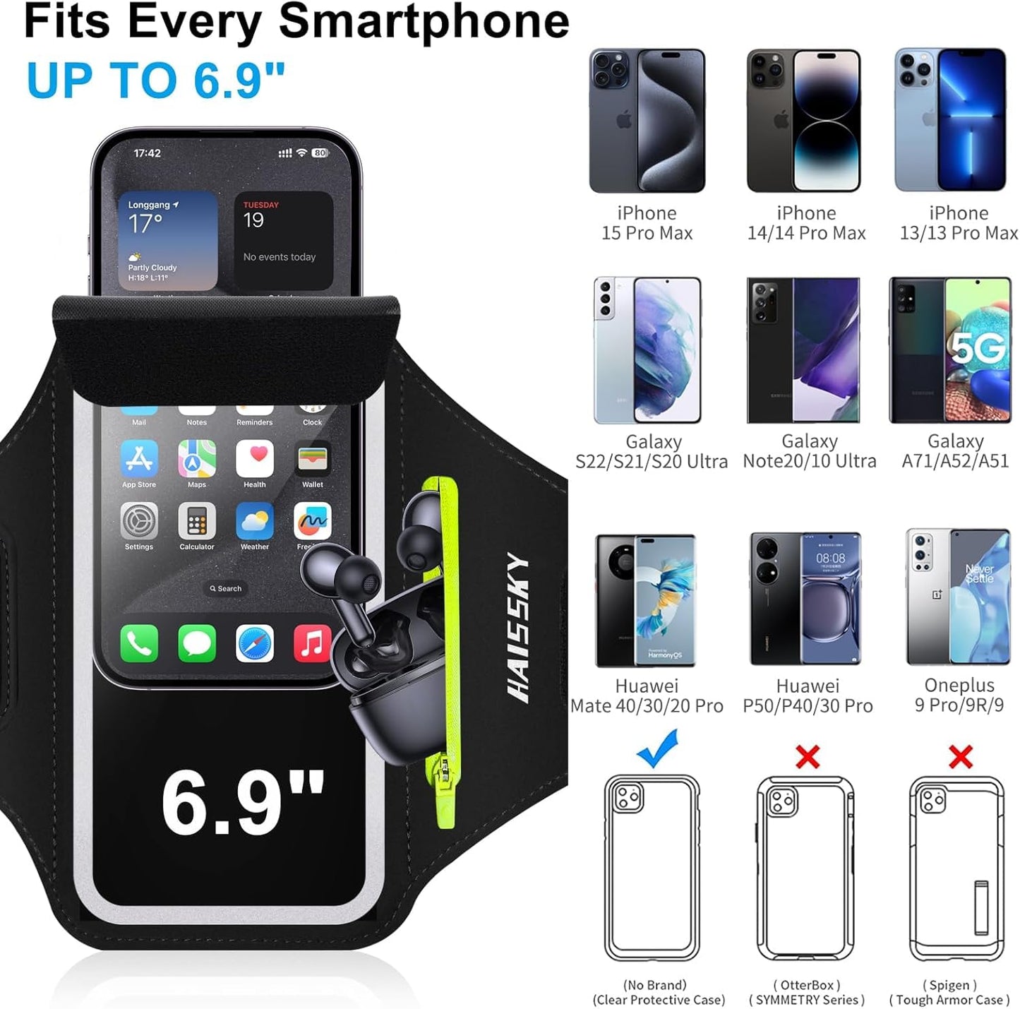 Fascia da Braccio porta telefono per corsa con Borsa Auricolare, Fascia Sportiva Running Porta Cellulare Fascia Braccio per Smartphone per iPhone 16 Pro Max/15 Pro/14/13Pro/XR/XS Armband fino a 6,9"