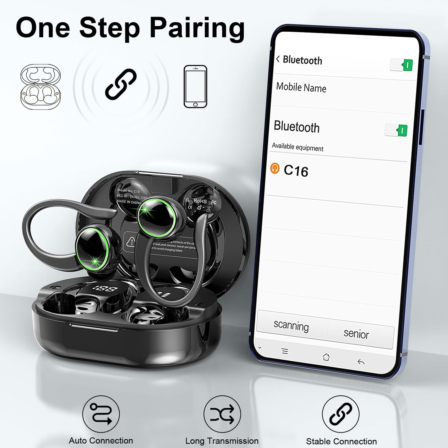 Cuffie Bluetooth 5.4 Sport, 2026 Auricolari Bluetooth con 6D Bass Stereo, 50 Ore Cuffie In Ear Cancellazione Rumore ENC e 4 HD Mics, HiFi Cuffiette LED Display, IP7 Impermeabile Cuffie Senza Fili