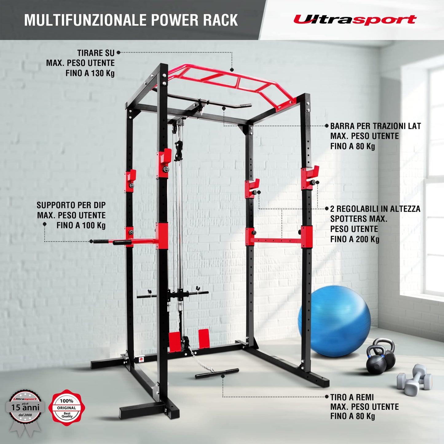 Ultrasport Power Rack, Scaffale fitness, Scaffale multifunzione per efficace allena completo corpo, costruzione acciai, perfetto per principianti e professionist, torre fitness, Nero/Rosso