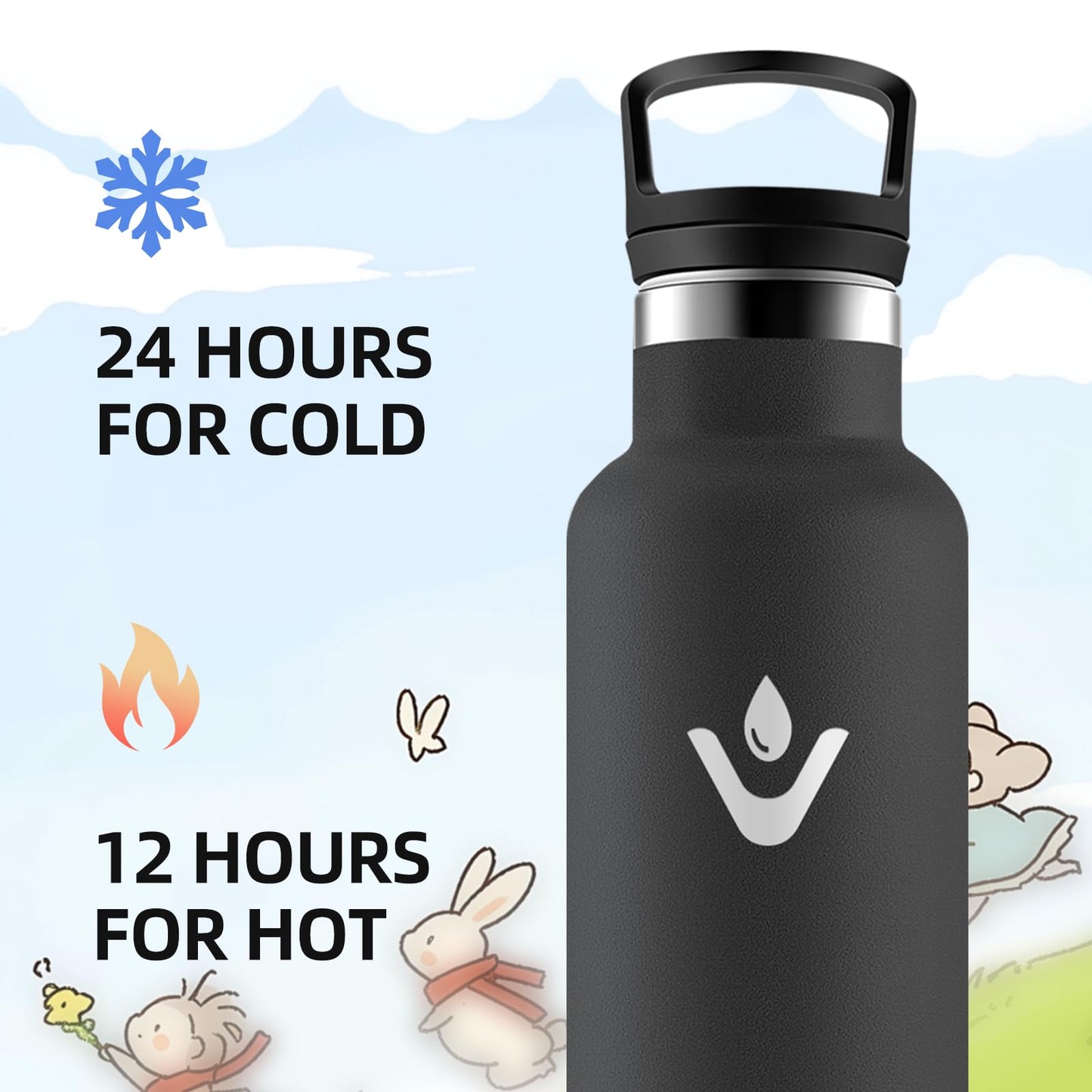 Motswedi Borraccia Termica, 500 ml Senza BPA, Borracce Bambini, Bottiglia Acqua Con Cannuccia e 2 Coperchi, Borraccia Acciaio, 18/8 Acciaio Inossidabile, Borracce per Scuola, Pilates - Nero