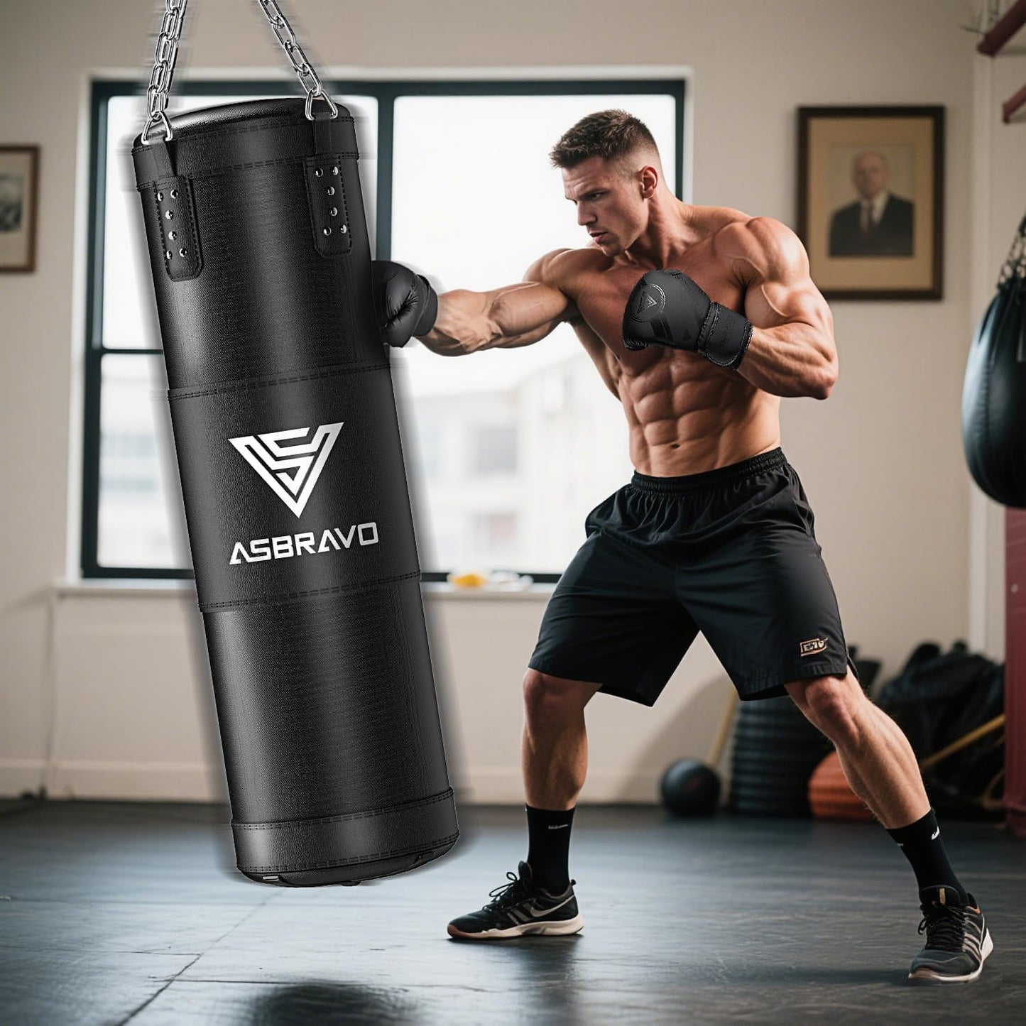 ASBRAVO Sacco da Boxe per Adulti Set Completo, 120cm Sacco da Punching Pesante con Guantoni da 12 oz, Bende per Mani 5m, per MMA Karate Taekwondo Boxe Allenamento Casa Palestra - Da Riempire