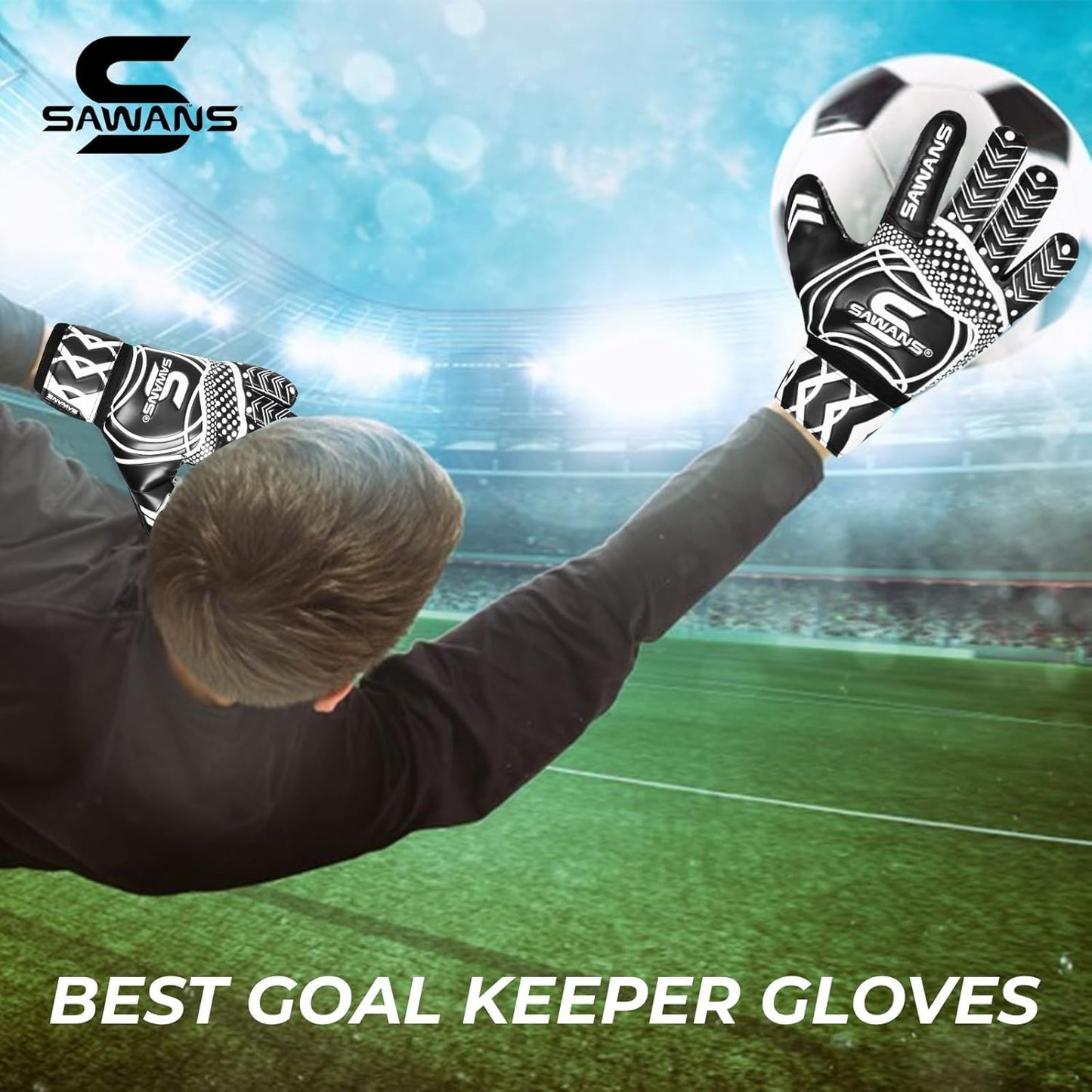 SAWANS Guanti da Portiere Attrezzatura da Allenamento per Calcio per Bambini Ragazzi Giovani Adulti Uomini Guanti da Portiere Grip Protezione del Palmo Doppio Strato Traspirante Portiere (Nero, 10)
