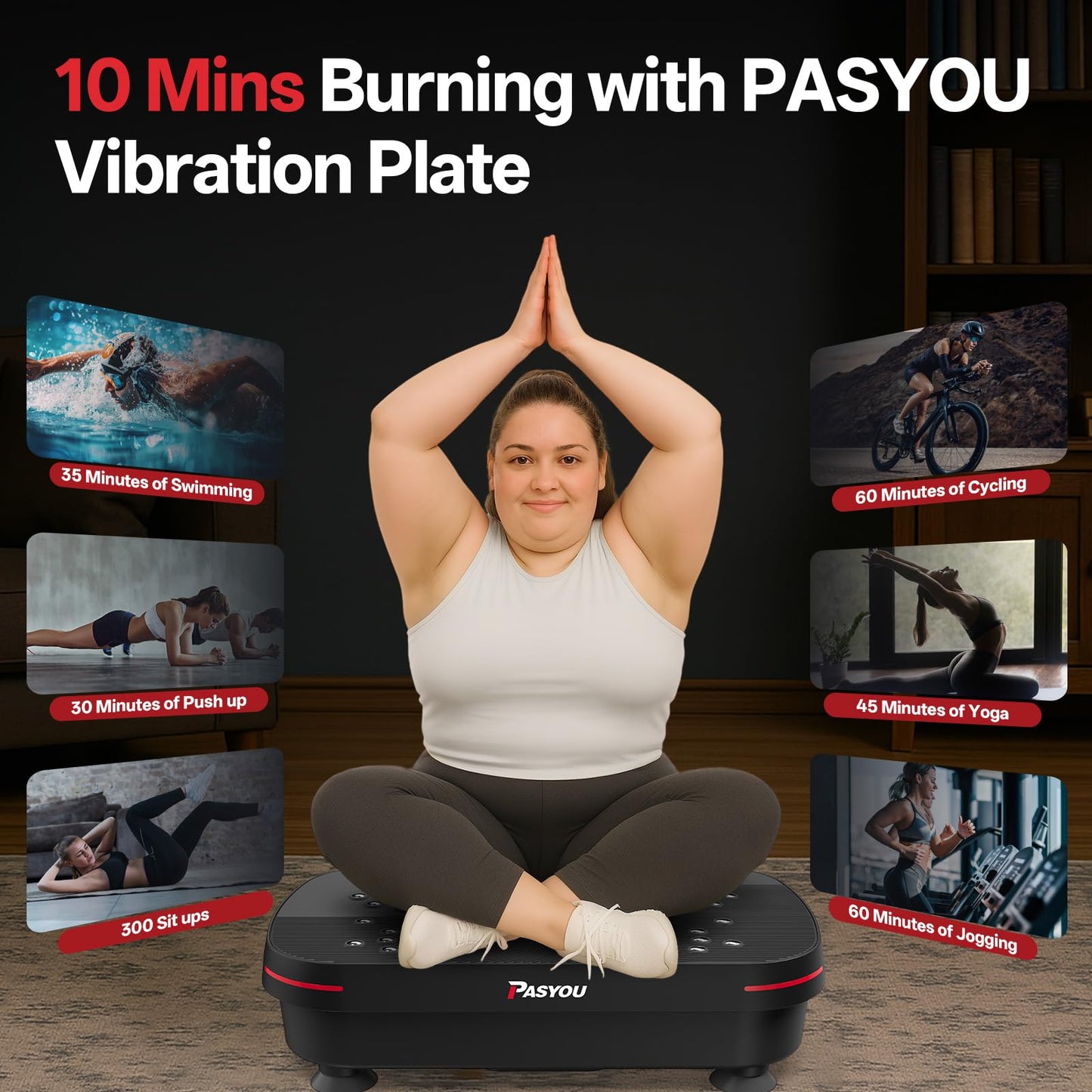 PASYOU Vibrationsplatte, Vibration Plate Leise und Kompakte für Abnehmen, Ganzkörpertraining, Muskelaufbau, Rüttelplatte Sport für Zuhause 99 Intensitätsstufen mit Widerstandsbändern