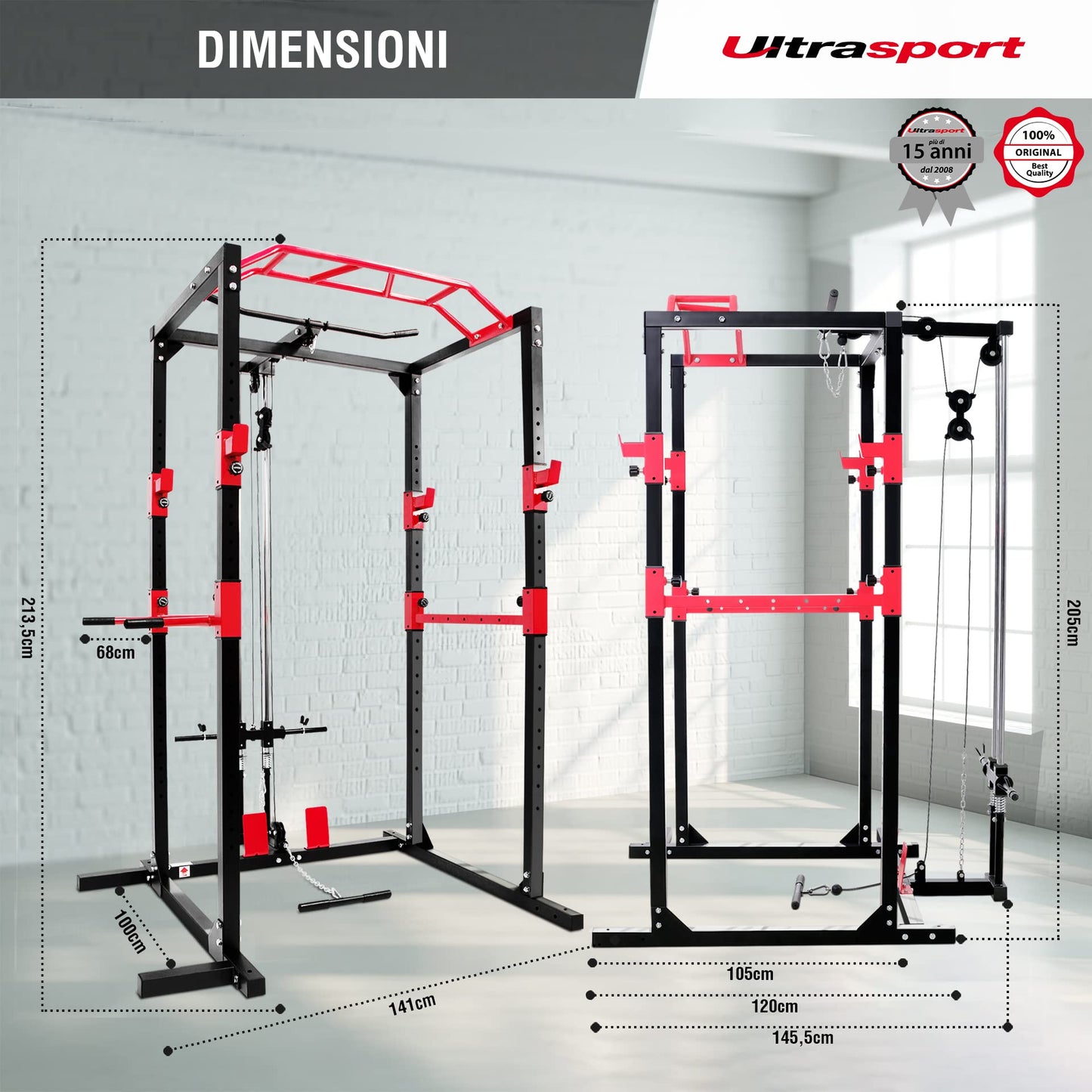 Ultrasport Power Rack, Scaffale fitness, Scaffale multifunzione per efficace allena completo corpo, costruzione acciai, perfetto per principianti e professionist, torre fitness, Nero/Rosso