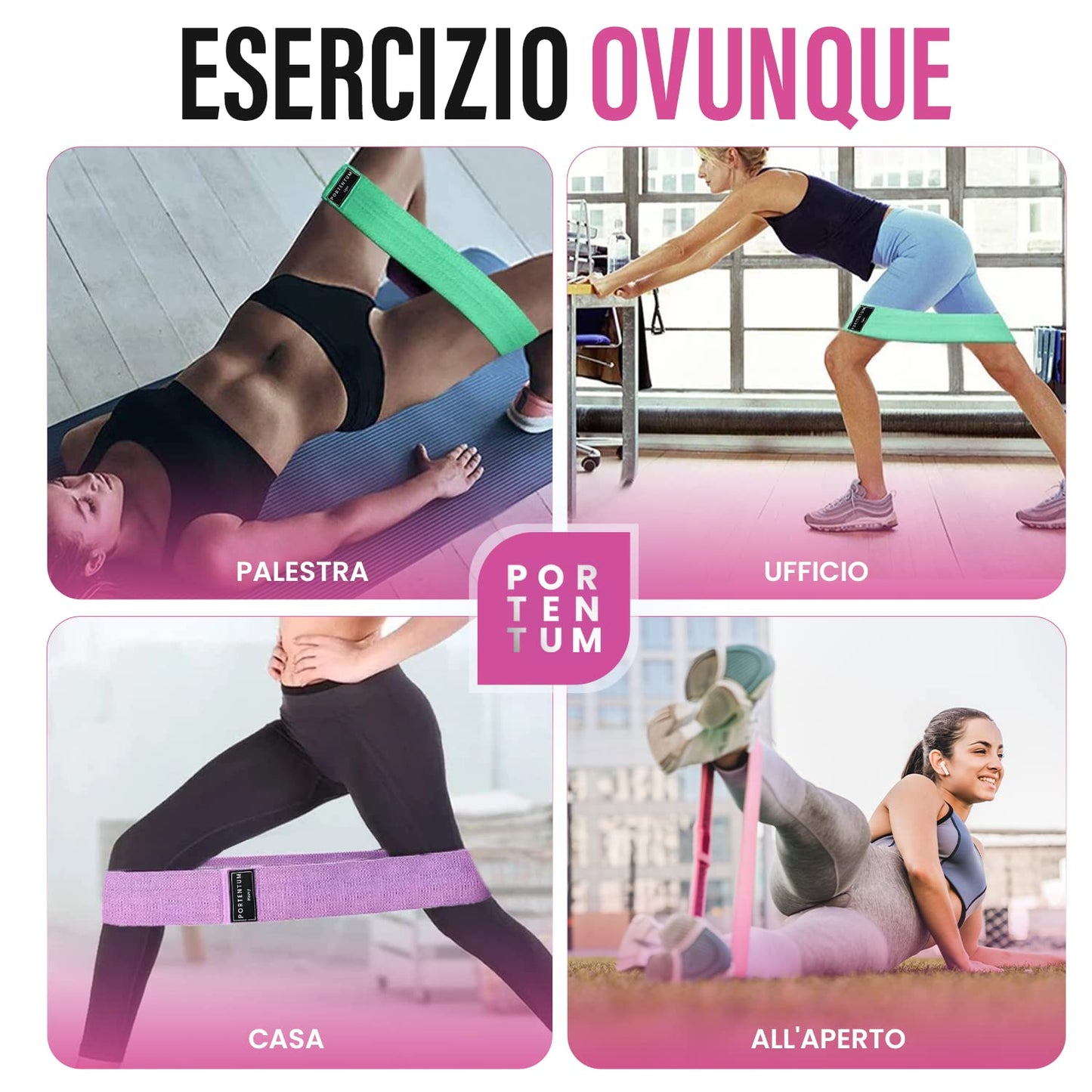 PORTENTUM Elastici fitness, set di 3 fasce elastiche fitness antiscivolo in tessuto. 3 livelli di resistenza per Crossfit, Yoga, Glutei e altri sport e borsa di stoccaggio