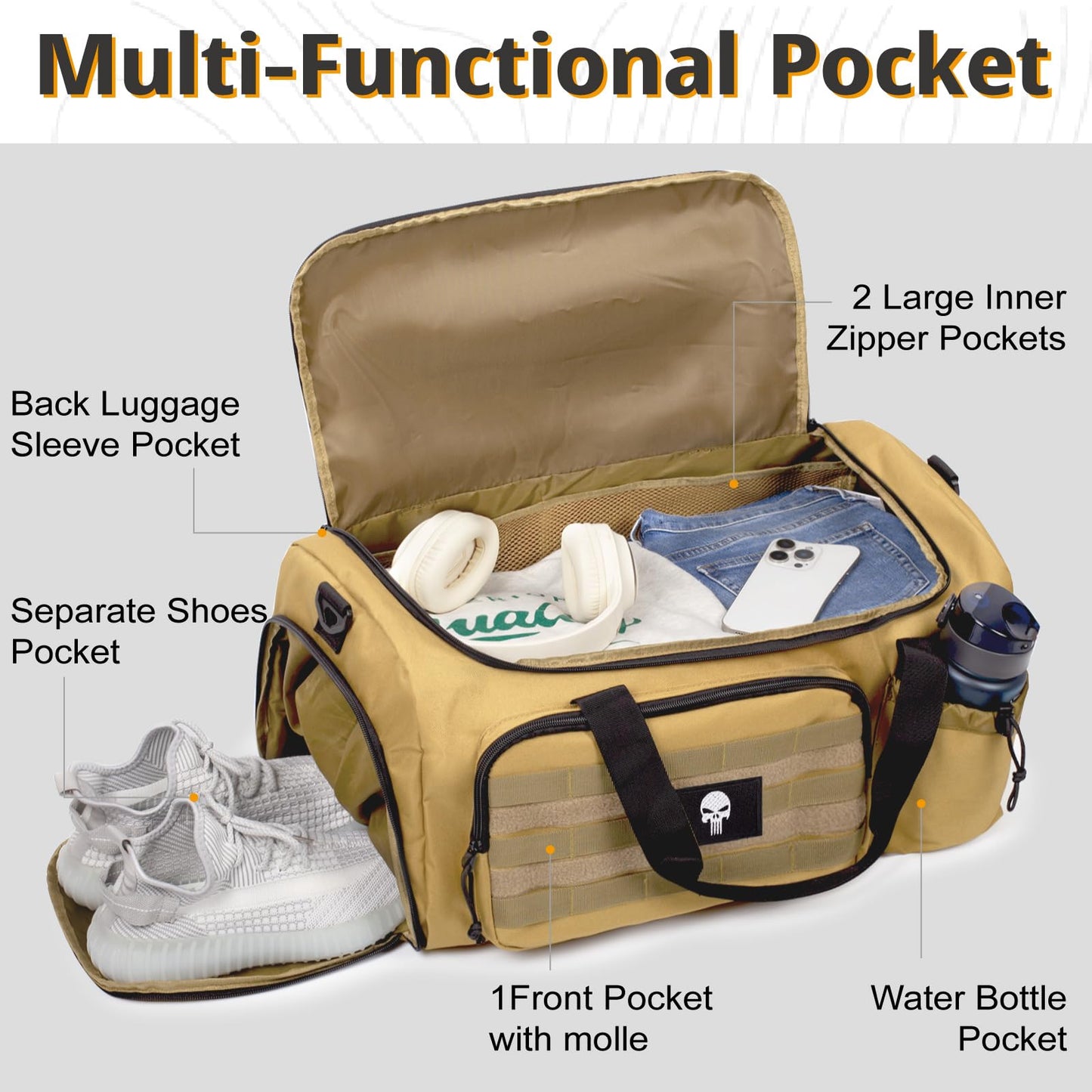 Borsa da palestra tattica da 40L per uomo, con scomparto scarpe e tasca impermeabile. Perfetta per sport, viaggi, campeggio ed escursioni.