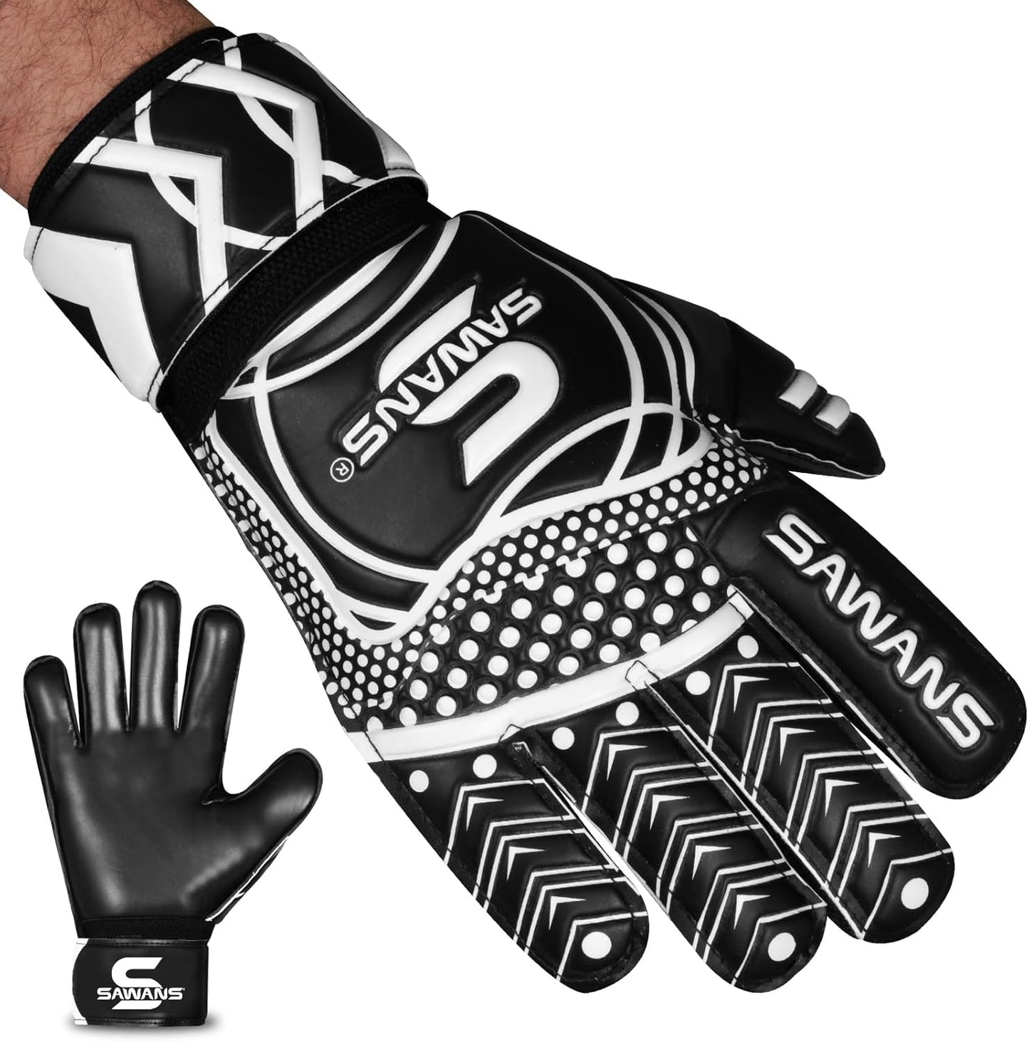 SAWANS Guanti da Portiere Attrezzatura da Allenamento per Calcio per Bambini Ragazzi Giovani Adulti Uomini Guanti da Portiere Grip Protezione del Palmo Doppio Strato Traspirante Portiere (Nero, 10)