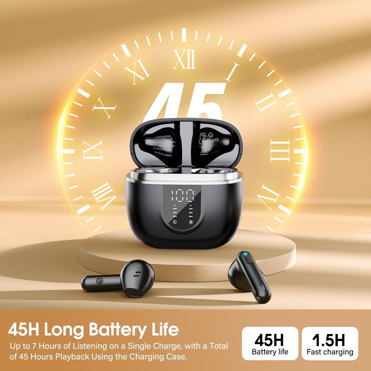 2026 Cuffie Bluetooth 5.4, Auricolari Bluetooth 45Ore, Cuffie Wireless In Ear HiFi Stereo cor LED Display, Cuffie Senza Fili Cancellazione Rumore, Cuffiette Sport IP7 Impermeabili, Headphones Nero