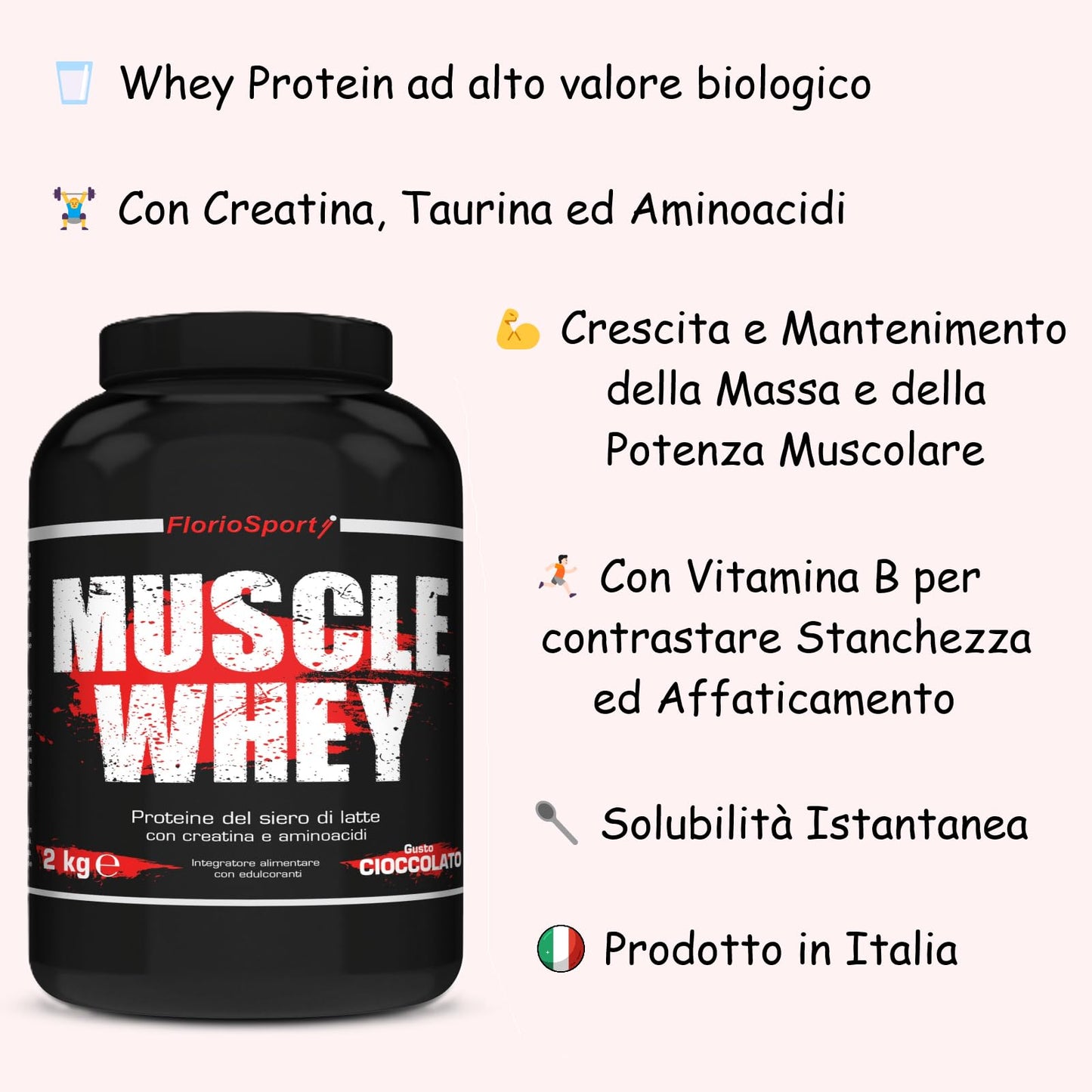 Muscle Whey FlorioSport®, 2 Kg Proteine del Siero Latte con Creatina Taurina Aminoacidi Whey Proteine Per la crescita ed il mantenimento della massa muscolare (Vaniglia)