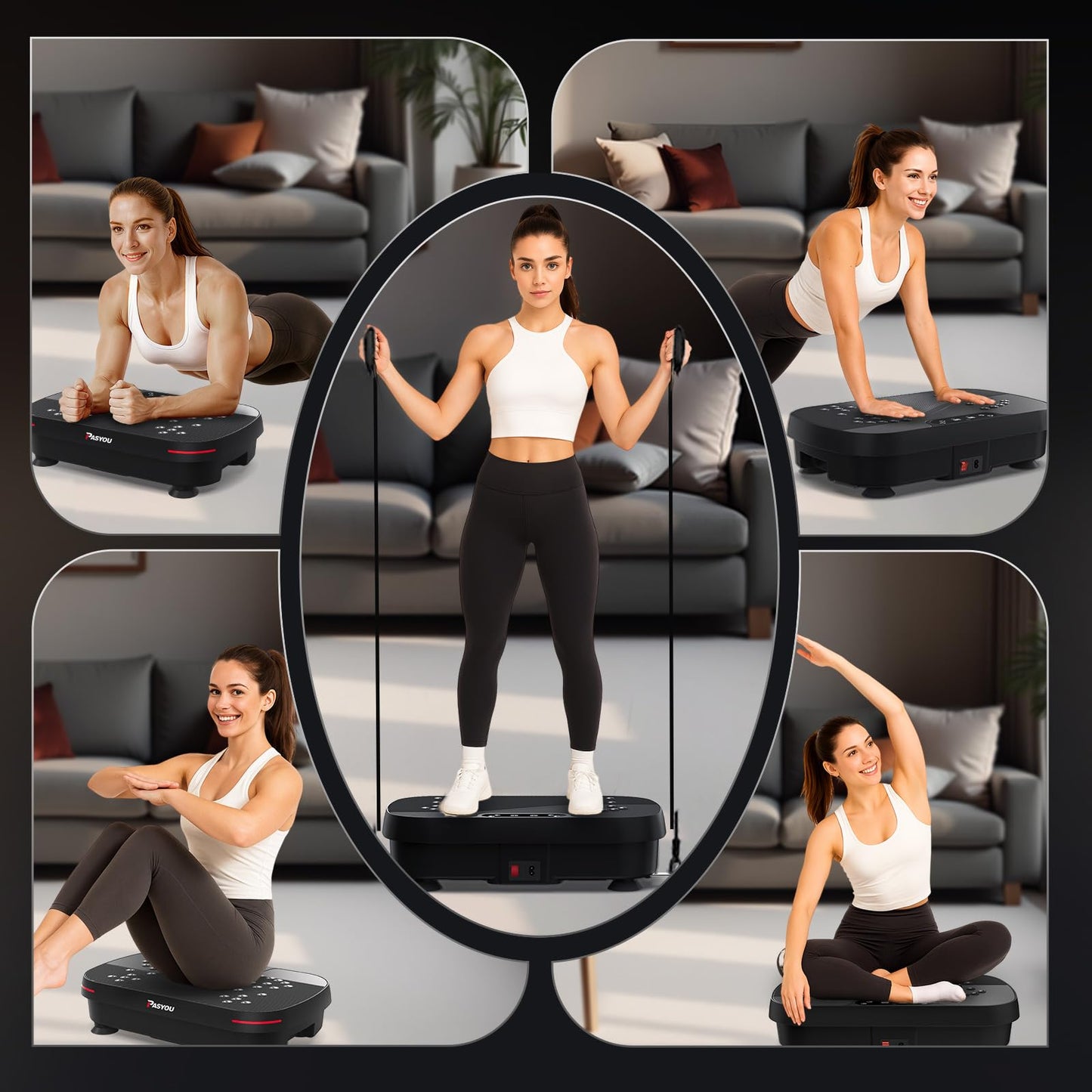 PASYOU Vibrationsplatte, Vibration Plate Leise und Kompakte für Abnehmen, Ganzkörpertraining, Muskelaufbau, Rüttelplatte Sport für Zuhause 99 Intensitätsstufen mit Widerstandsbändern