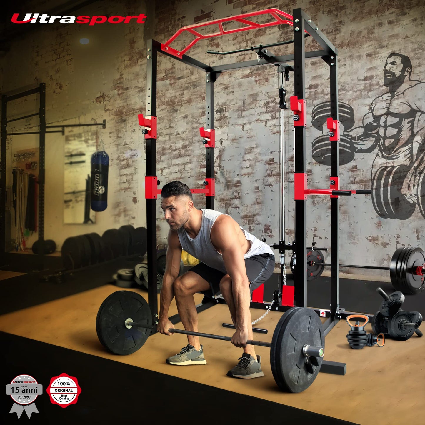 Ultrasport Power Rack, Scaffale fitness, Scaffale multifunzione per efficace allena completo corpo, costruzione acciai, perfetto per principianti e professionist, torre fitness, Nero/Rosso