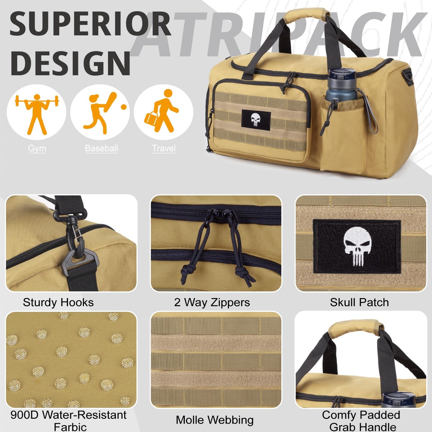 Borsa da palestra tattica da 40L per uomo, con scomparto scarpe e tasca impermeabile. Perfetta per sport, viaggi, campeggio ed escursioni.