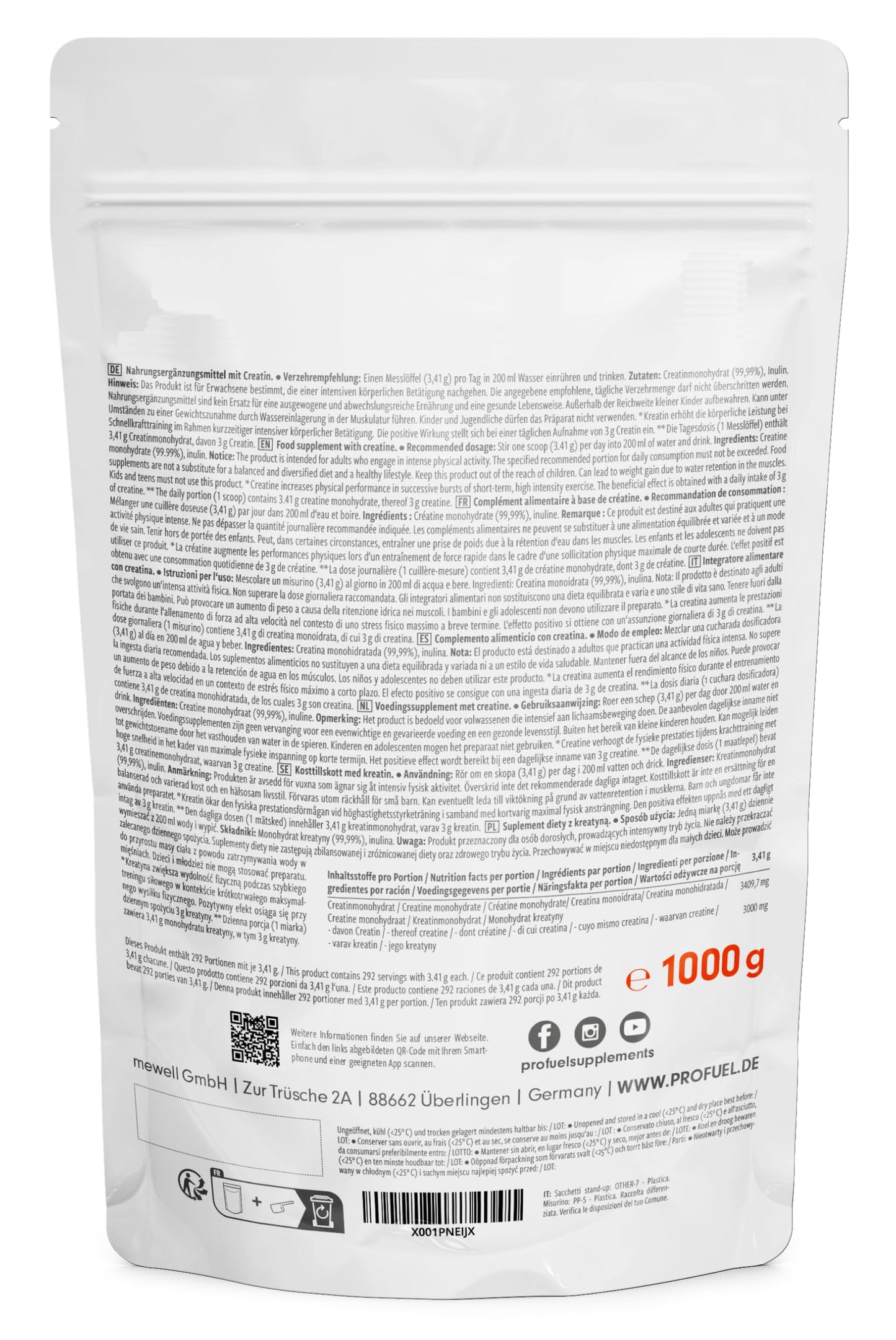 Creatina monoidrata polvere 1kg / 1000g micronizzata ad alto dosaggio, pura senza additivi, 100% vegana