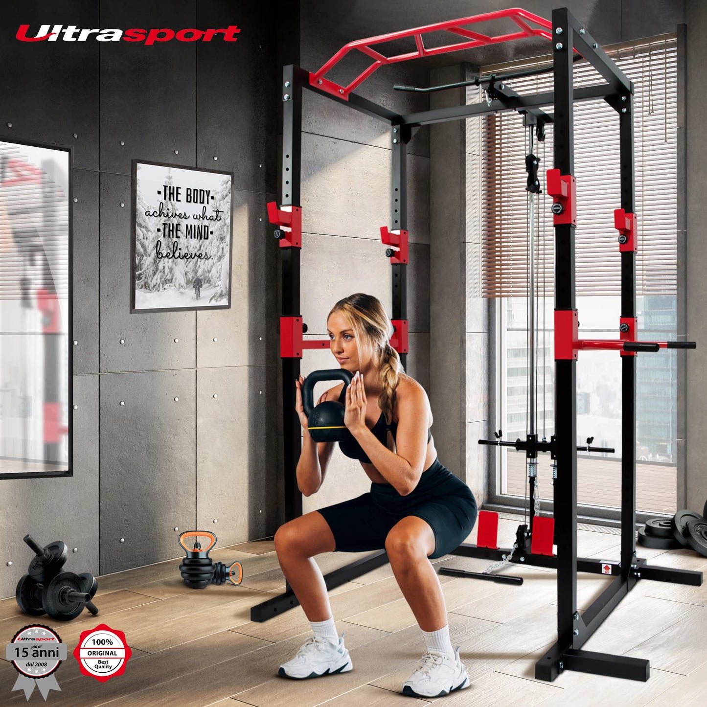 Ultrasport Power Rack, Scaffale fitness, Scaffale multifunzione per efficace allena completo corpo, costruzione acciai, perfetto per principianti e professionist, torre fitness, Nero/Rosso