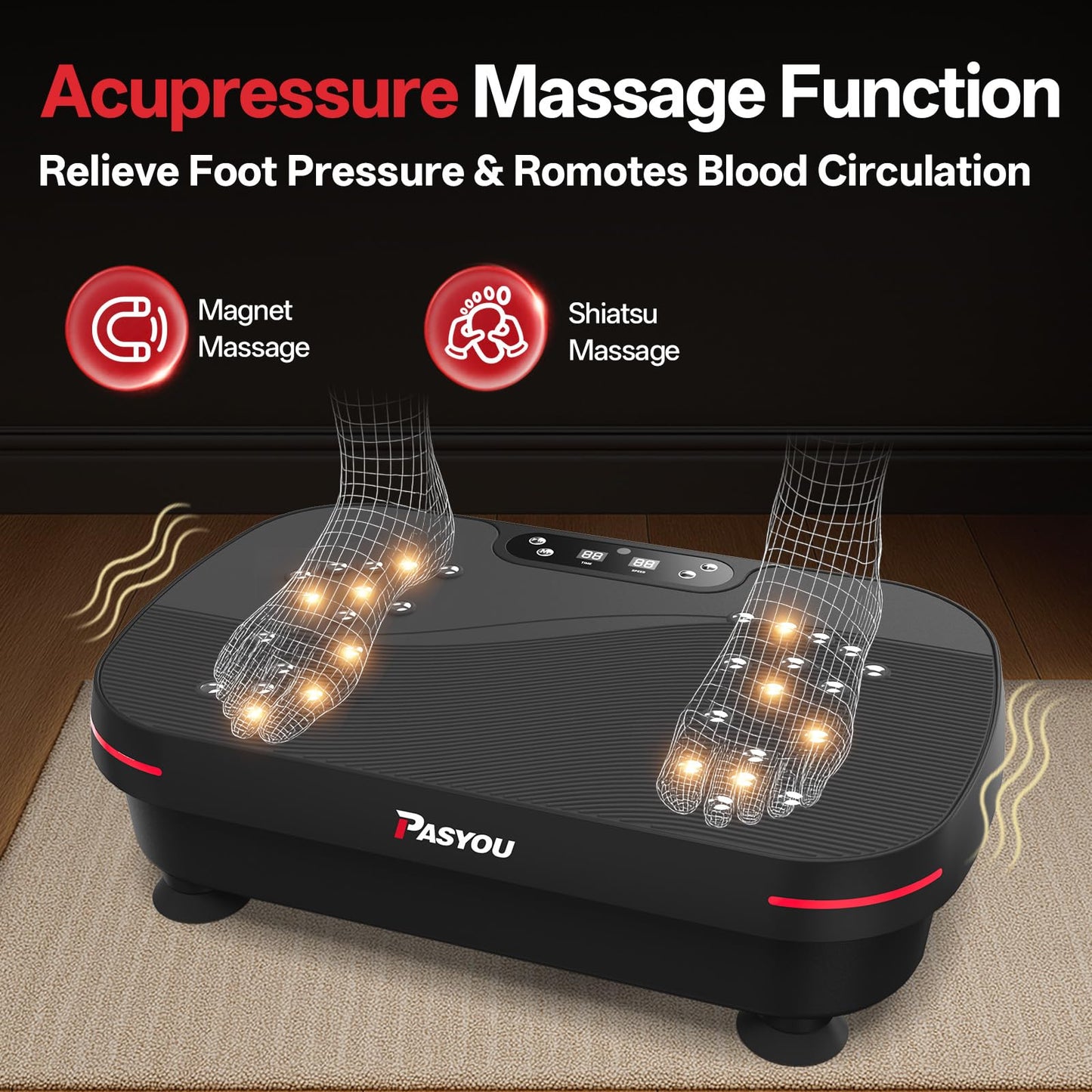 PASYOU Vibrationsplatte, Vibration Plate Leise und Kompakte für Abnehmen, Ganzkörpertraining, Muskelaufbau, Rüttelplatte Sport für Zuhause 99 Intensitätsstufen mit Widerstandsbändern
